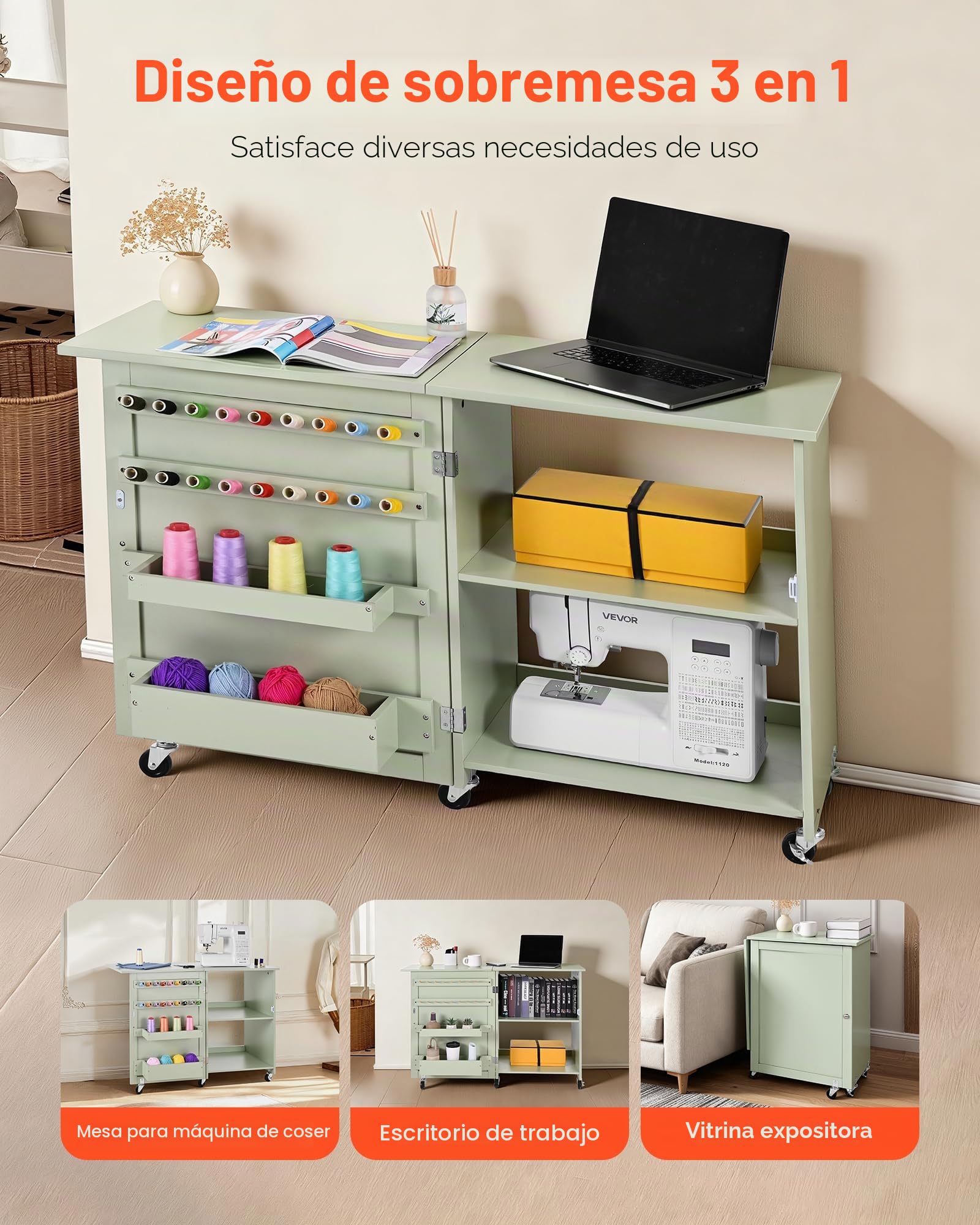 VEVOR Mesa de Costura Plegable, con Diseño Compacto, Compartimentos de Almacenamiento, Abrazaderas de Madera y Cierre Magnético, para Estudio de Moda, Estudio de Arte y Hogar, Color Verde Claro