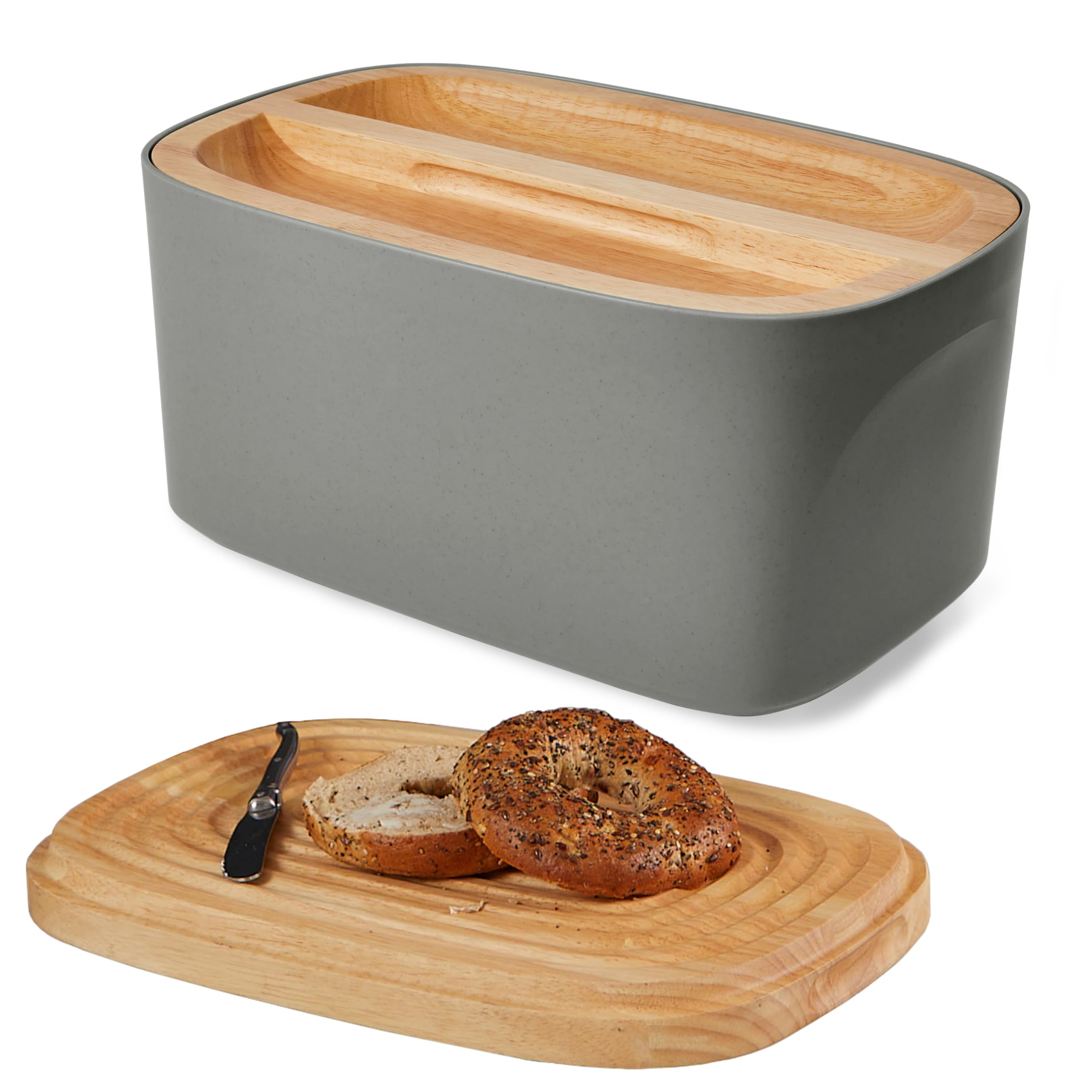 Sonder Los Angeles, Modern Bamboo Fiber and Recycled Plastic Bread Box (Charcoal) for Kitchen Countertop with Reversible Cutting Board Lid, Homemade Bread Bin Storage Container 14.25 x 9.25 x 7 in