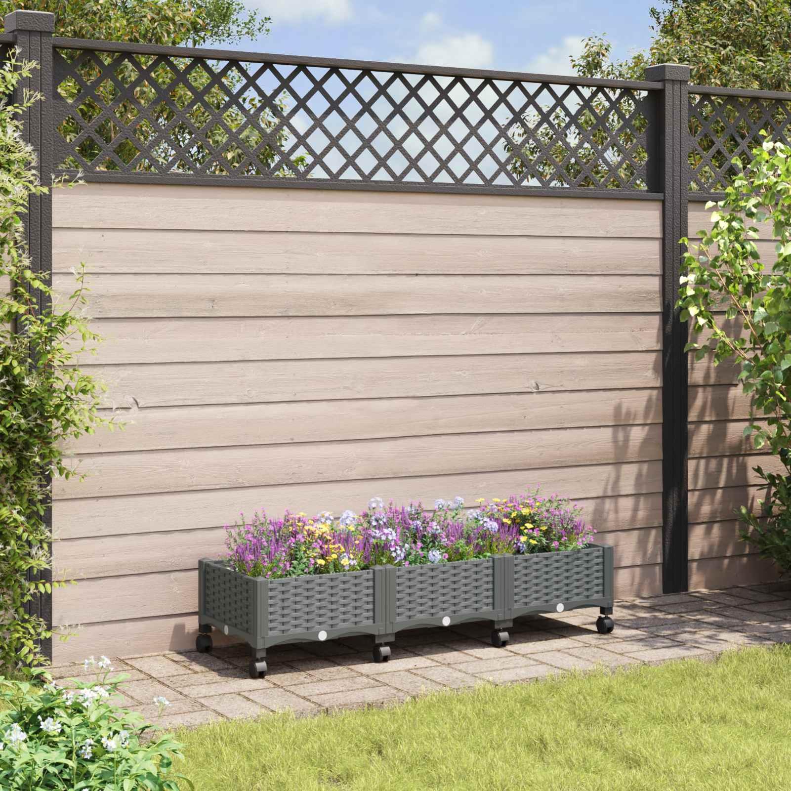 Gecheer Gartenpflanzer mit Rädern, Pflanzkübel aus PP Kunststoff mit Rollen, 120 x 40 x 33 cm, für Terrasse Balkon Garten