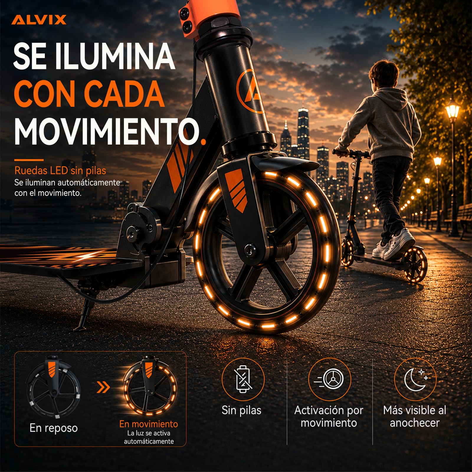 ALVIX Patinete infantil con freno de mano y ruedas LED, altura regulable a partir de 6 años, ruedas de 200 mm, patinete plegable con correa, plataforma ancha, hasta 100 kg