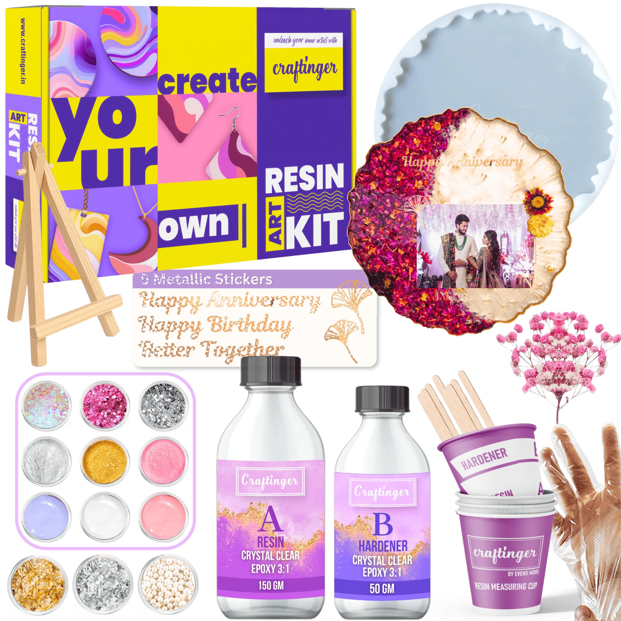 Craftinger Resin Art Photoframe Kit with 300gm Resin & Wooden Stand Acrelic Sticker of Happy Birthday and Happy Anniversary