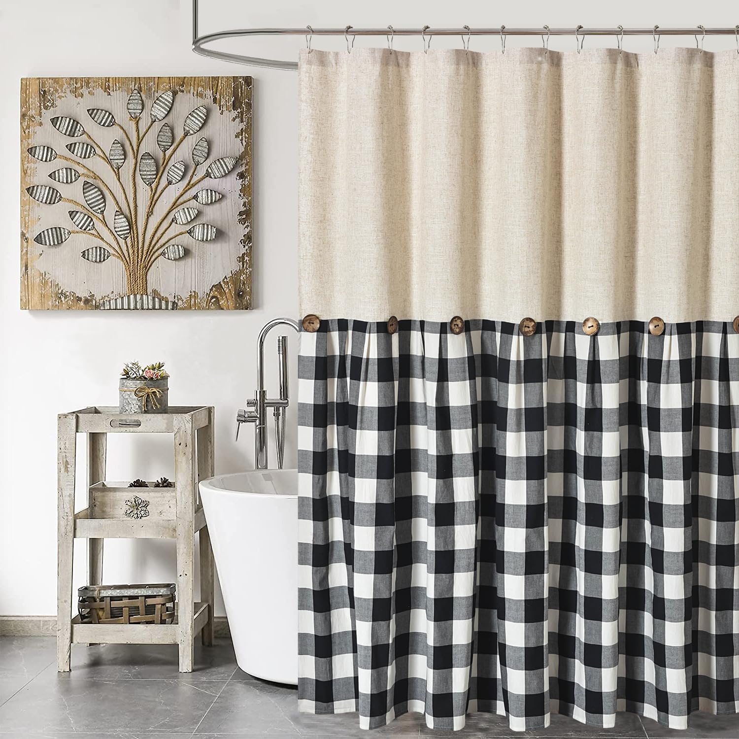 DOSLY IDÉES Linen Button Farmhouse Shower Curtain,Linen and Cotton Fabric,Pleated Black and White Buffalo Plaid Checked Pattern,Country Style,72x72 in