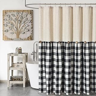 Linen Button Farmhouse Shower Curtain,Linen and Cotton Fabric,Pleated Bl...