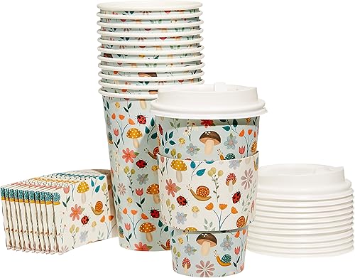 Sheffield Home Tazas de café desechables con tapas de 16 onzas, lindas tazas desechables con tapas, paquete de 12 con fundas