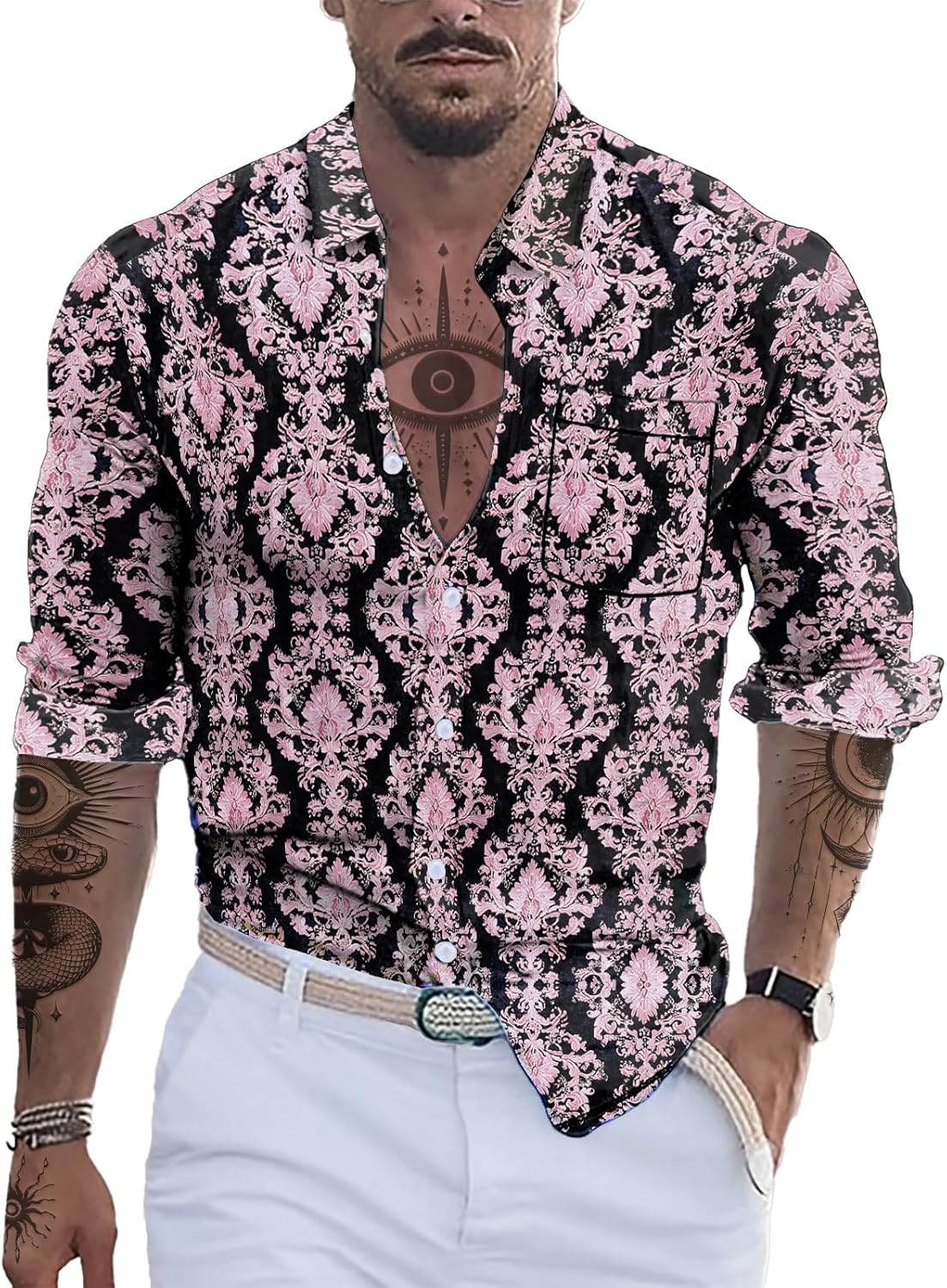 Mens Button Down Long Sleeve Shirt Ethnic 2025 Summer Hawaiian Beach Casual Vintage Cool Novelty Lightweight Shirt