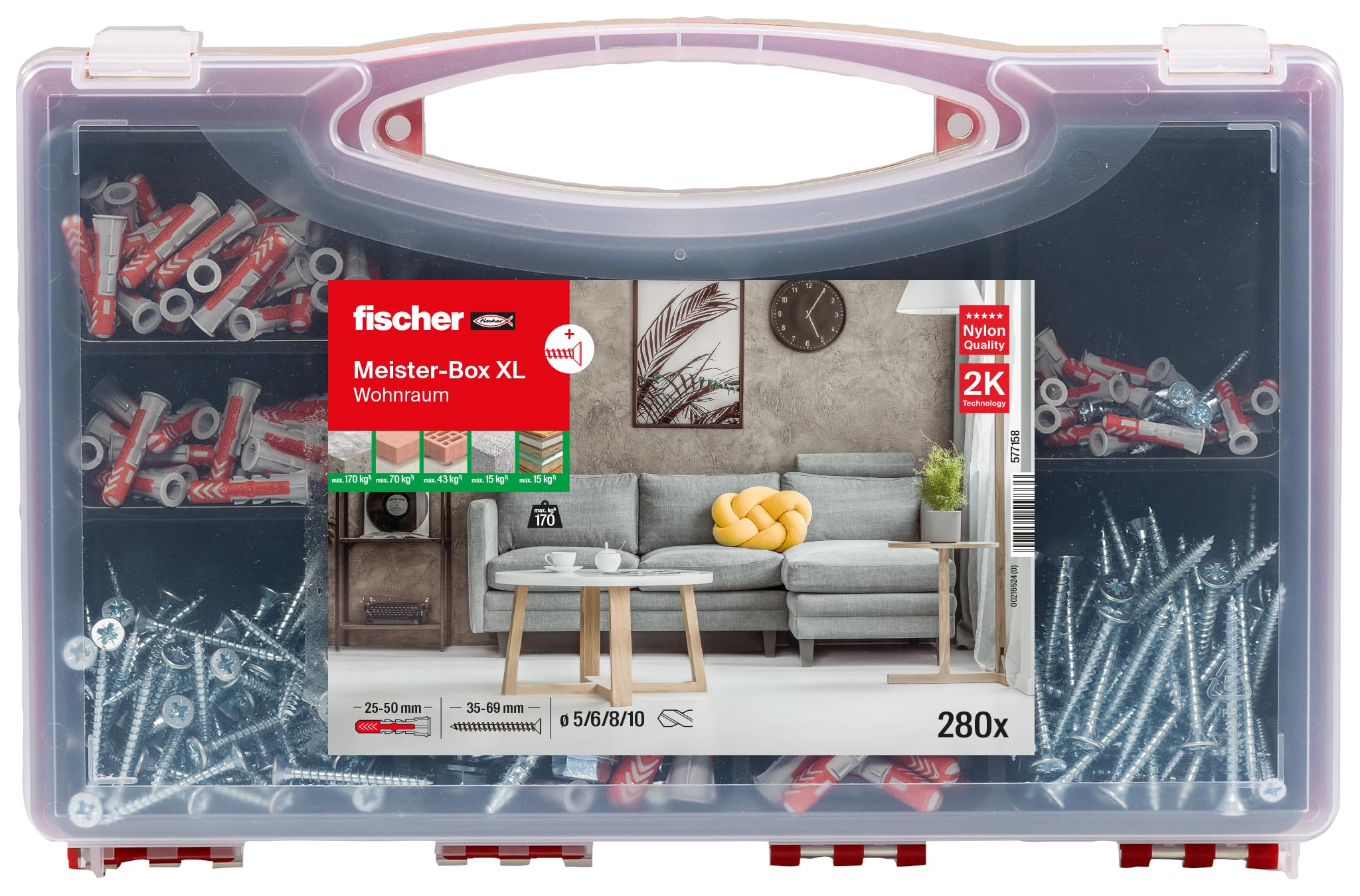 fischer Meister-Box XL Wohnraum, 210-teiliges Dübel- und Schraubenset, 5-10 mm Durchmesser, für Heimwerker und Profis, universeller Einsatz für unbekannte Untergründe im Innenbereich