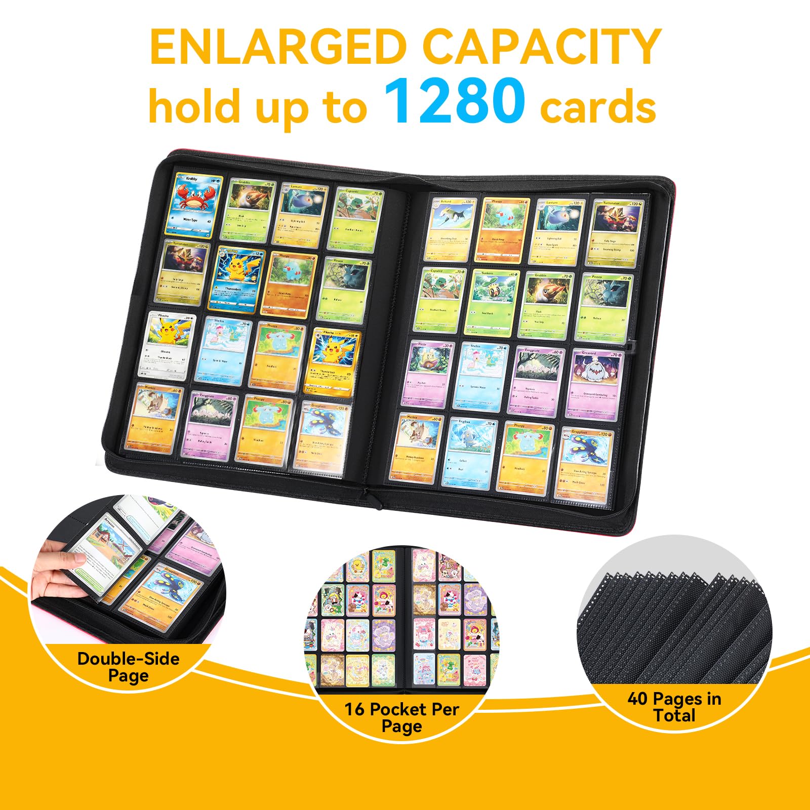 Carpeta de tarjetas de 16 bolsillos para 1280 tarjetas, carpeta de tarjetas coleccionables de Pokedex roja, álbum de tarjetas para MTG, TCG, tarjetas deportivas