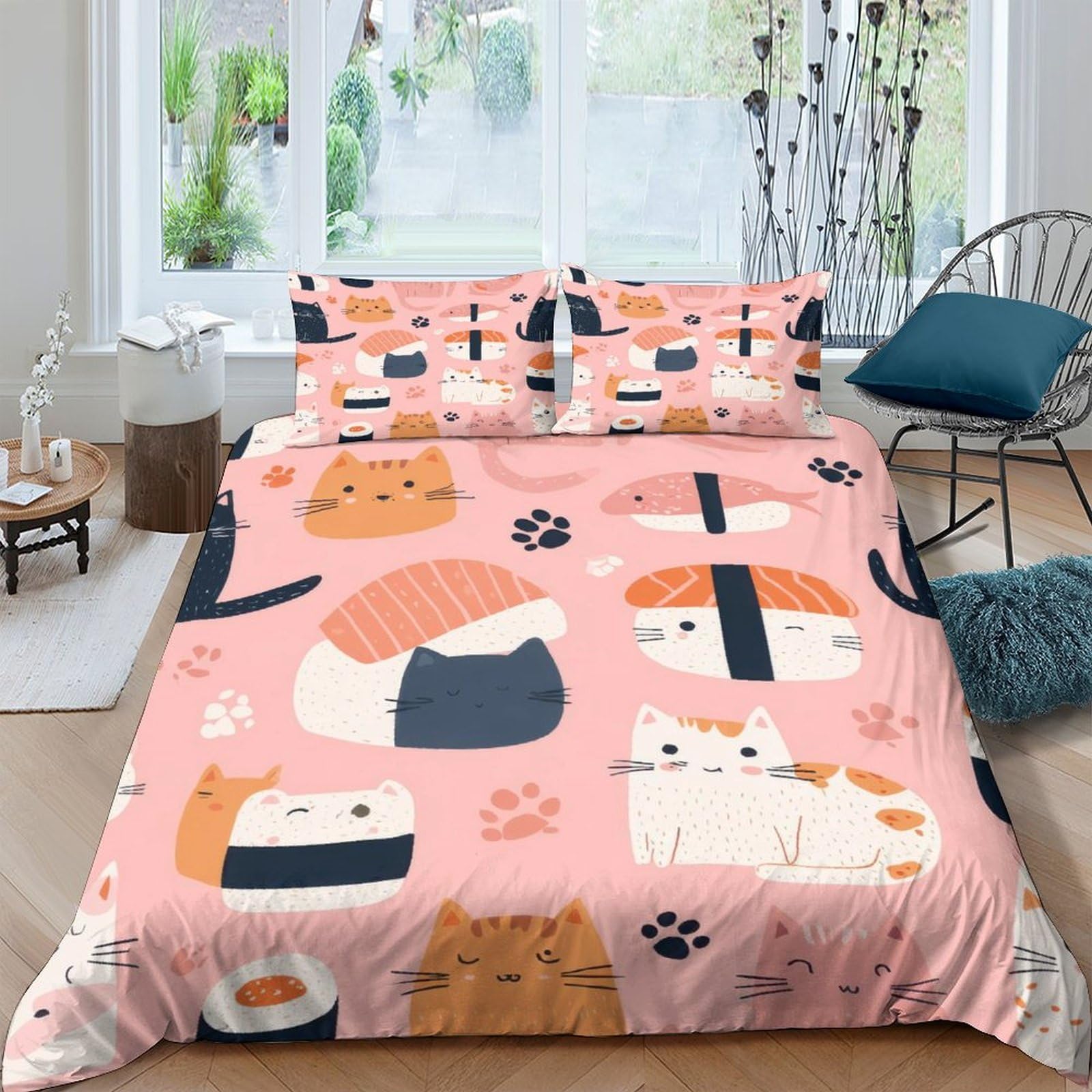 Ctjqhvkz Style-8 3D Printed Sushi Cat Fitted Sheet Microfiber Pink Cartoon Mattress Cover Anti-Slip Machine Washable For Bedroom Decor Single（135X200cm）