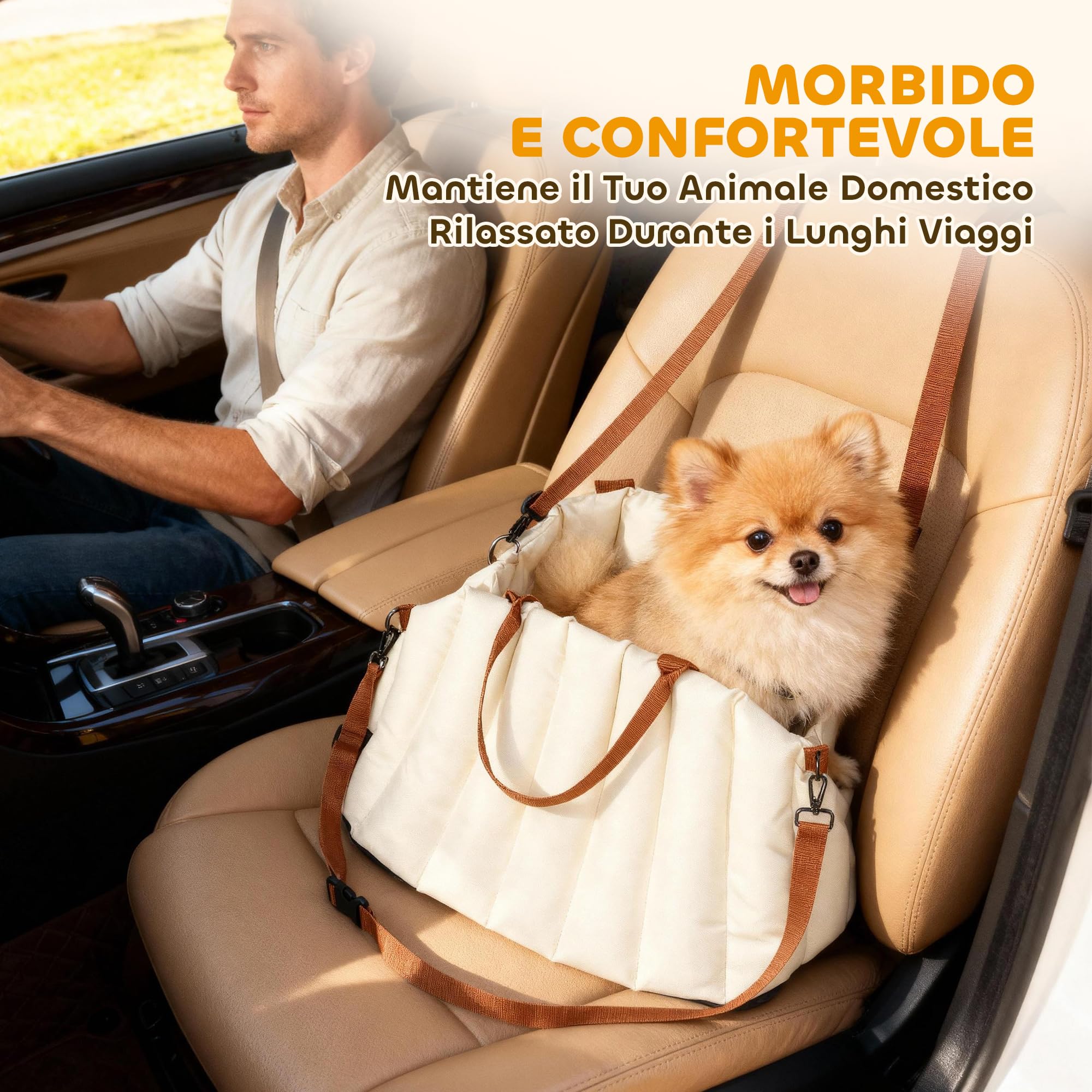 PawHut Seggiolino Auto per Cani Piccoli con Guinzaglio di Sicurezza e Base Antiscivolo, Trasportino Convertibile in Borsa per Animali Domestici, Crema