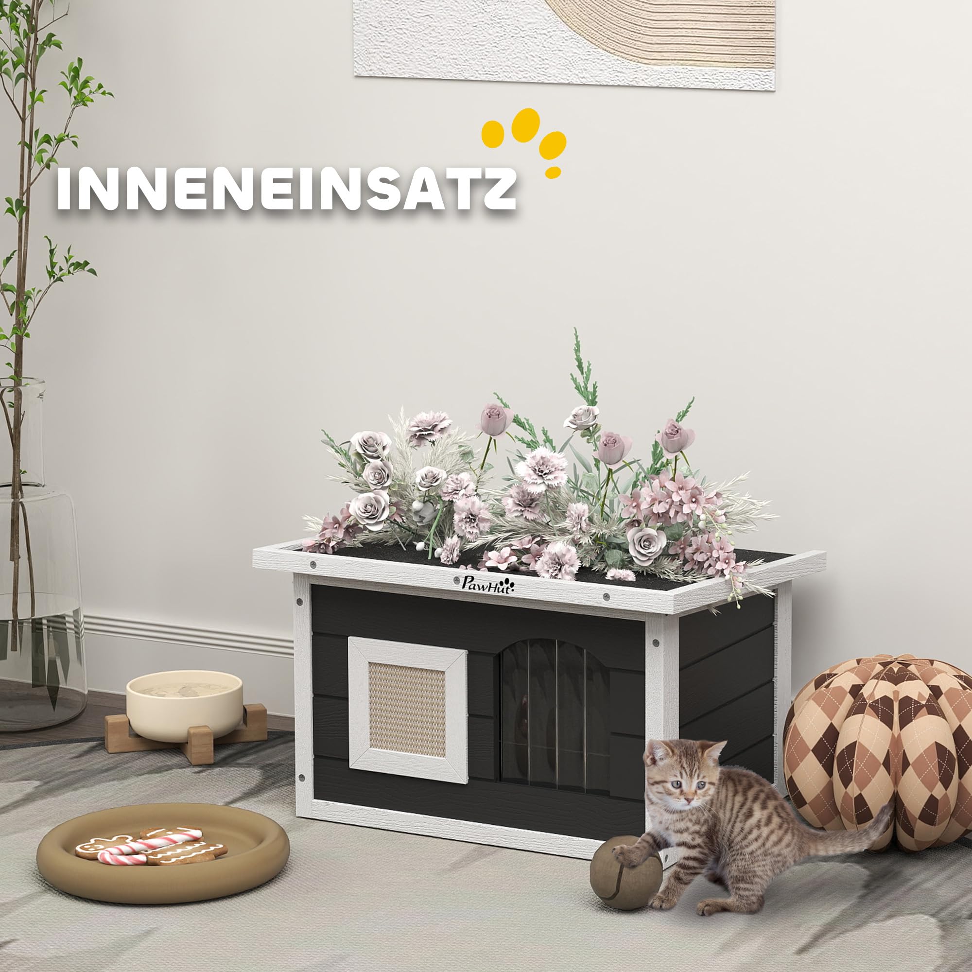 PawHut Casetta per gatti in legno, impermeabile, con tetto pieghevole per asfalto, tappetino estraibile, per gatti, per esterni, giardino, 61 x 45 x 36,5 cm, grigio