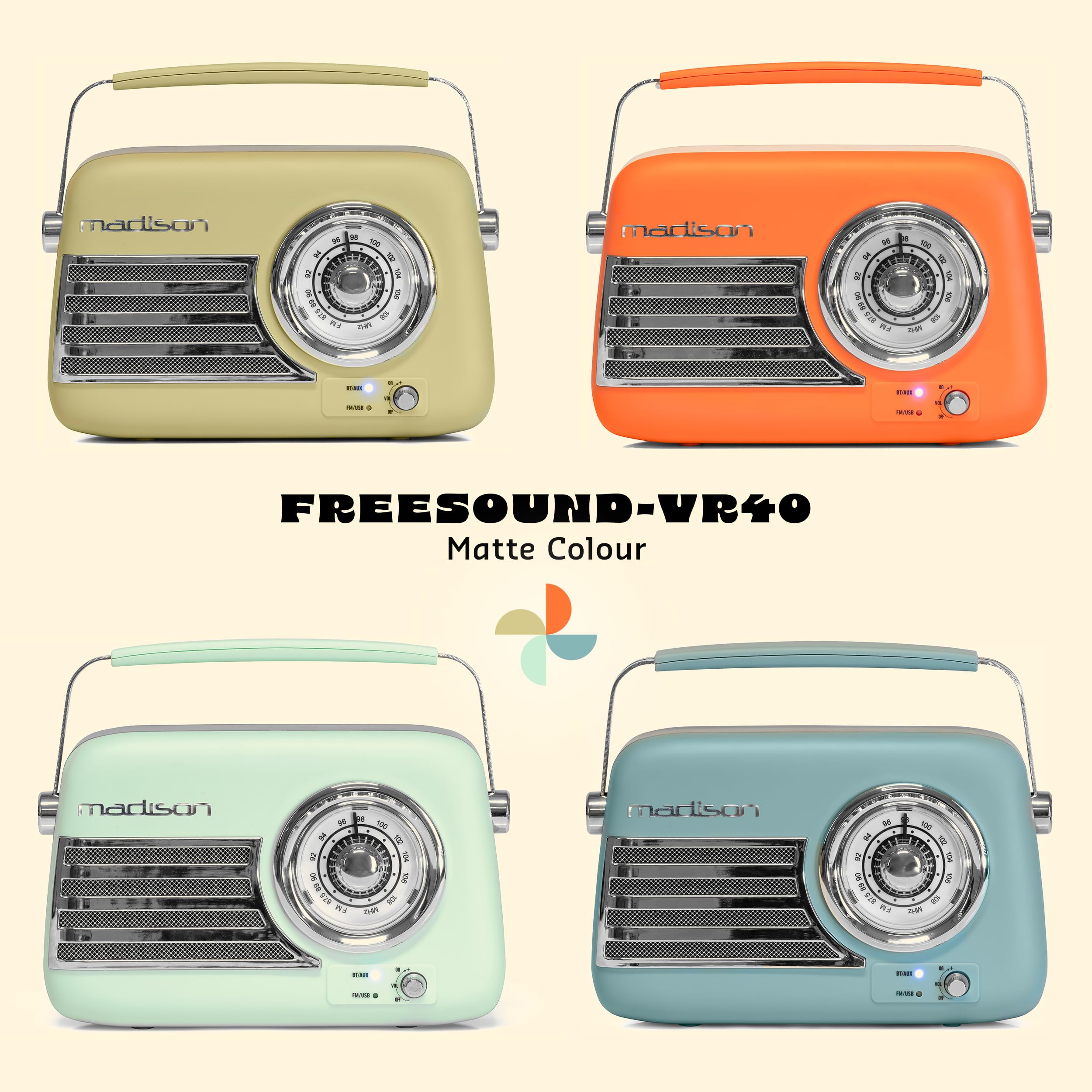 Madison - FREESOUND-VR40GR-MAT - Radio Vintage 30W sur Batterie Longue autonomie - Bluetooth, USB & FM - Vert pâle Mat - Vintage, Nostalgie, rétro