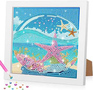 Bowetile Beach 5D Diamond Art Kits for Adults Beginners with Frame, Fancy Seaside Diamond Painting Kits for Adults Kids, DIY Full Drill Diamond Crystal Gem Paintings Arts and Crafts for Home Decor