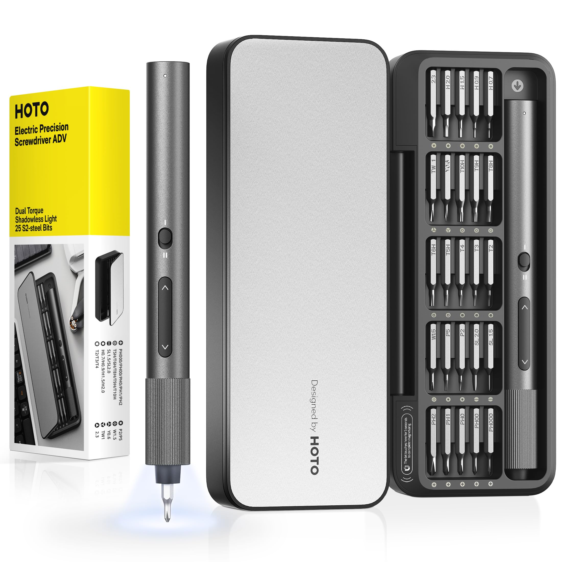 HOTO 25-in-1 ADV Mini Electric Screwdriver, Precision Screwdriver Set with LED & Dual Torque, Professional Repair Tools for Technicians, Engineers &