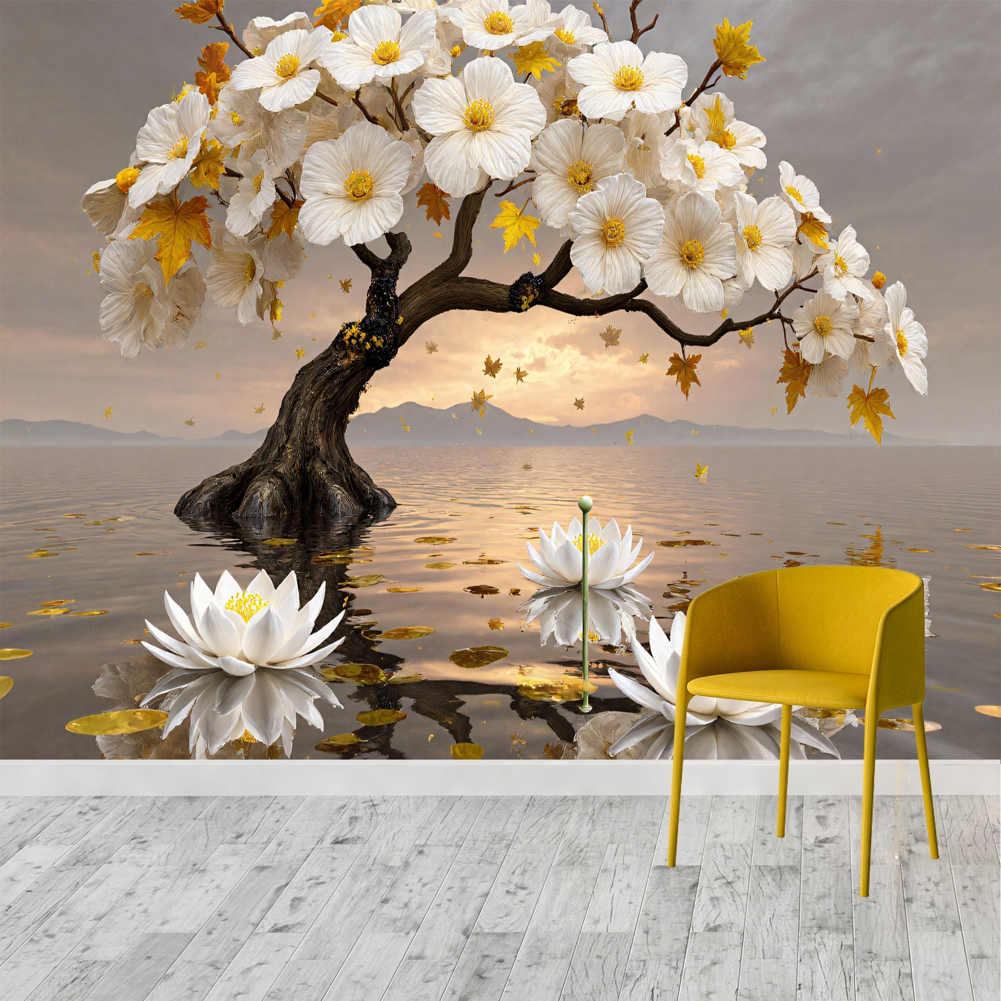 Custom Size Wall Murals, Twisted Tree & White Flowers & Water Lilies Reflection, Self-Adhesive Removable Peel and Stick Wallpaper, for Living Room/Bedroom/Office