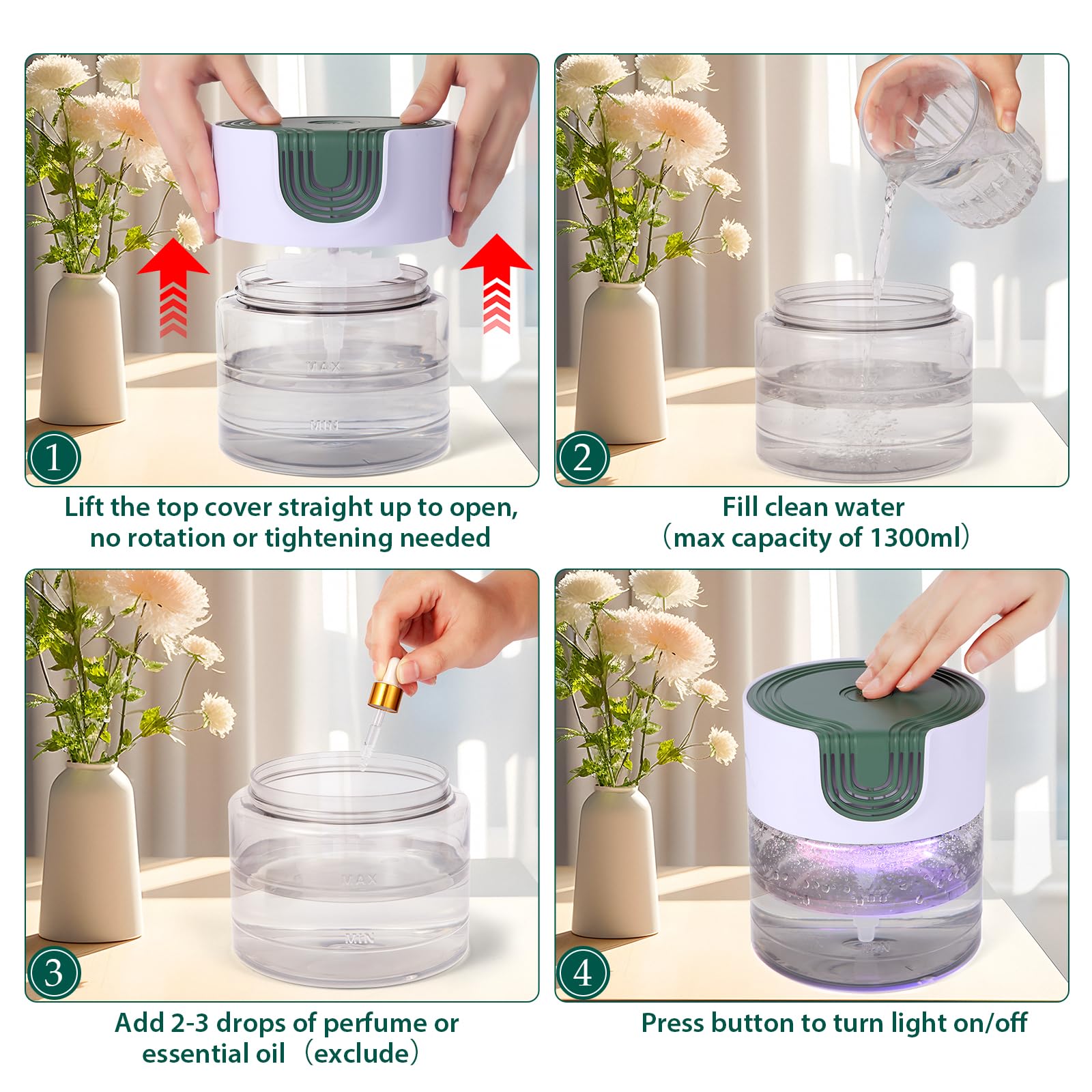 Purificadores de aire de agua para el hogar, purificador de aire silencioso a base de agua de velocidad variable con luz nocturna de 7 colores, humidificador de hidrolimpiador, aceites 5