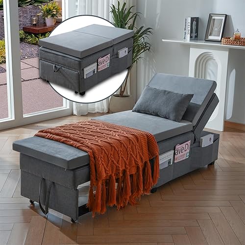Cynefin Silla futón con almohada lumbar y 3 bolsillos laterales, silla convertible cama otomana 4 en 1, cama otomana de tela copetuda gris (M-1,