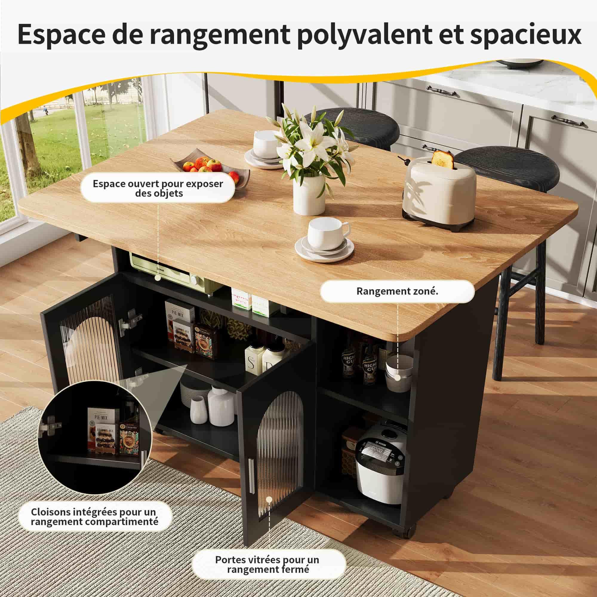 Sweiko Îlot de Cuisine Multifonction avec Rangement, Meuble de Rangement Design en MDF, Étagères Ouvertes et Placards Fermés, Mobilité avec roulettes pour Salon, Cuisine ou Salle à Manger (Noir+Bois)