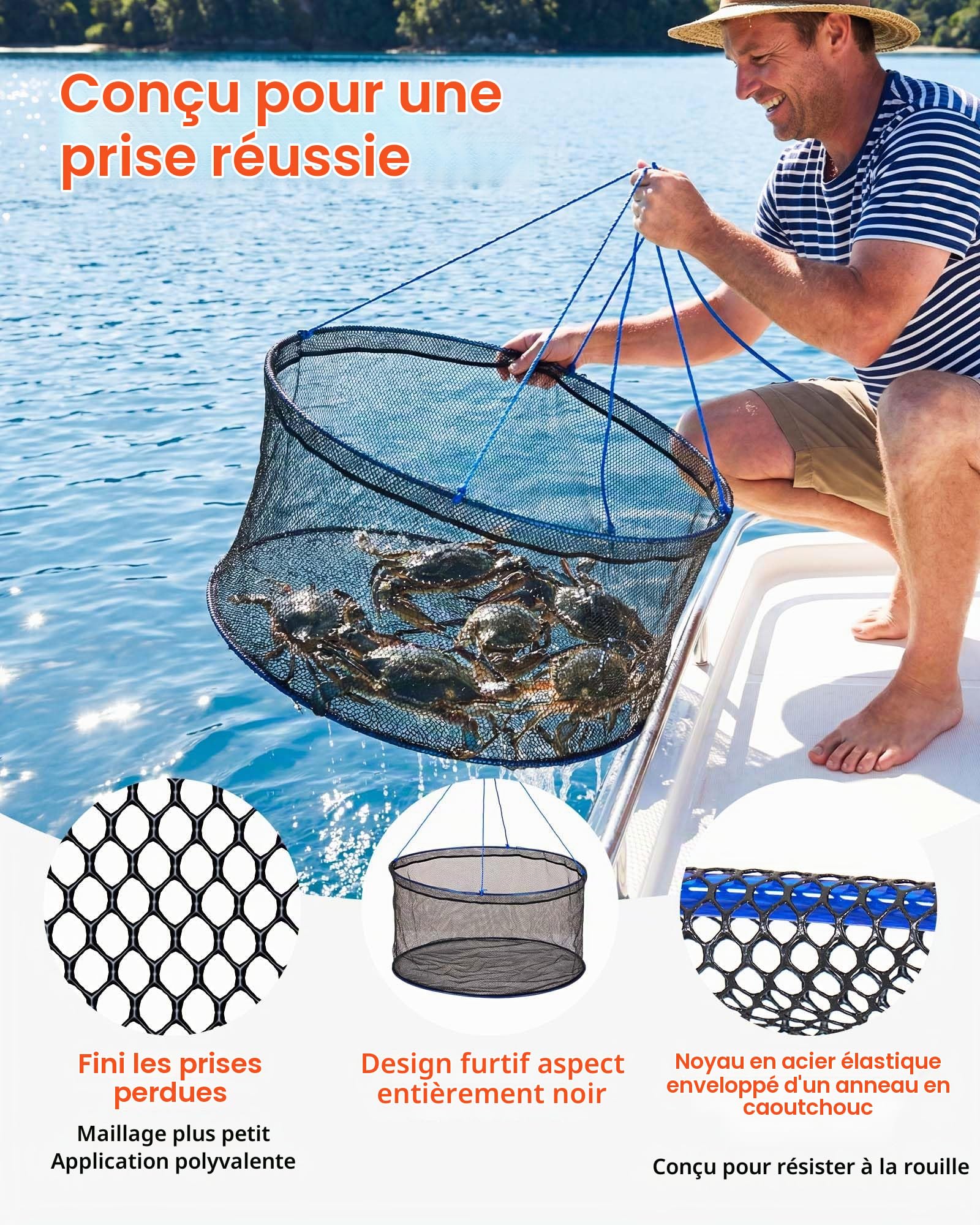 VEVOR Nasse à Écrevisses Pliable, Piège à Crabes en Filet Nylon, pour Pêche aux Crustacés Crevettes Poissons Quai Rivage Étang Bateau, Balance à Écrevisses Résistante avec Corde et Sac de Rangement