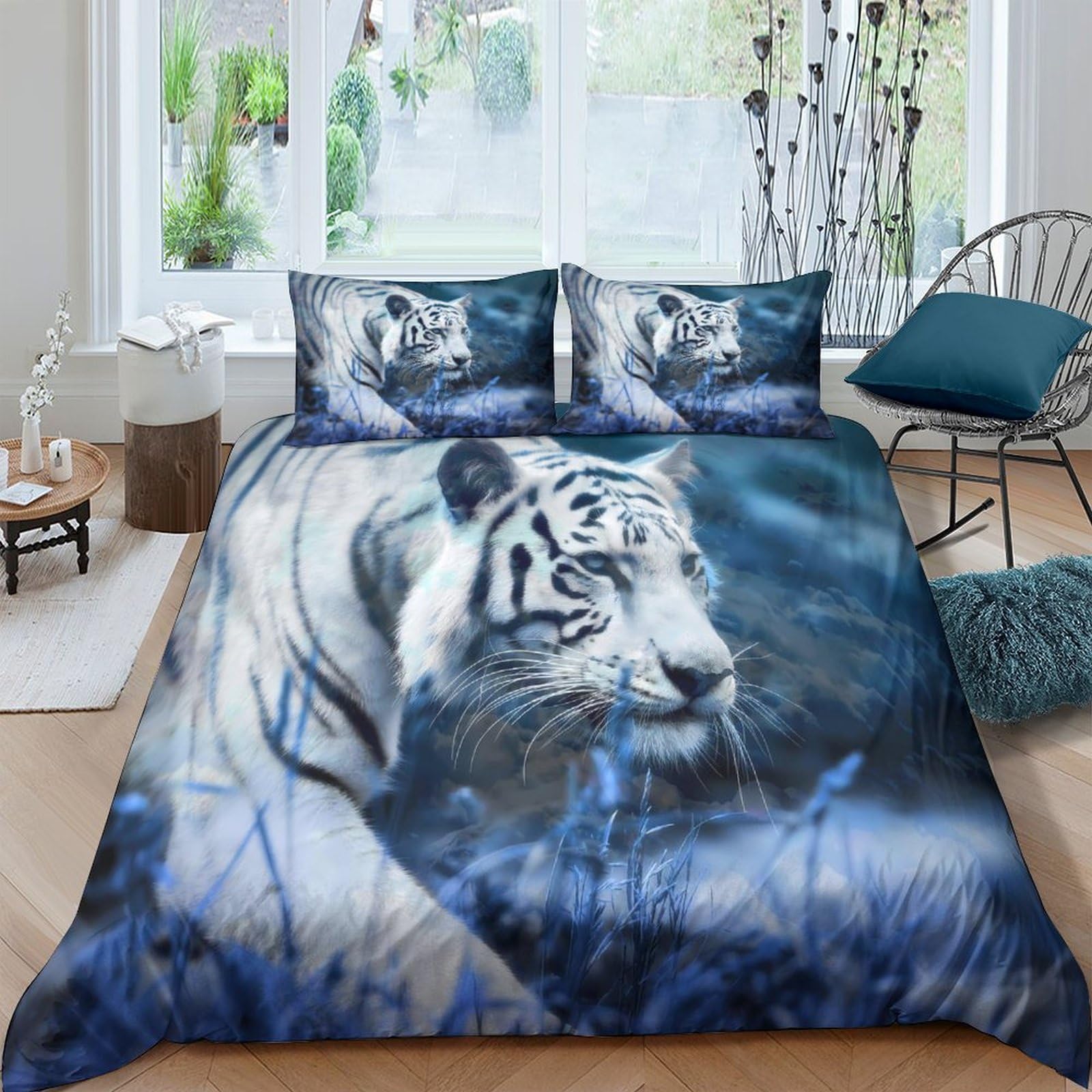 GPLZQXKJNH 3D Printed White Tiger Duvet Cover Microfiber Blue Nature Forest Bedding Set with 2 Pillowcases for Bedroom Home Decor Single（135x200cm）