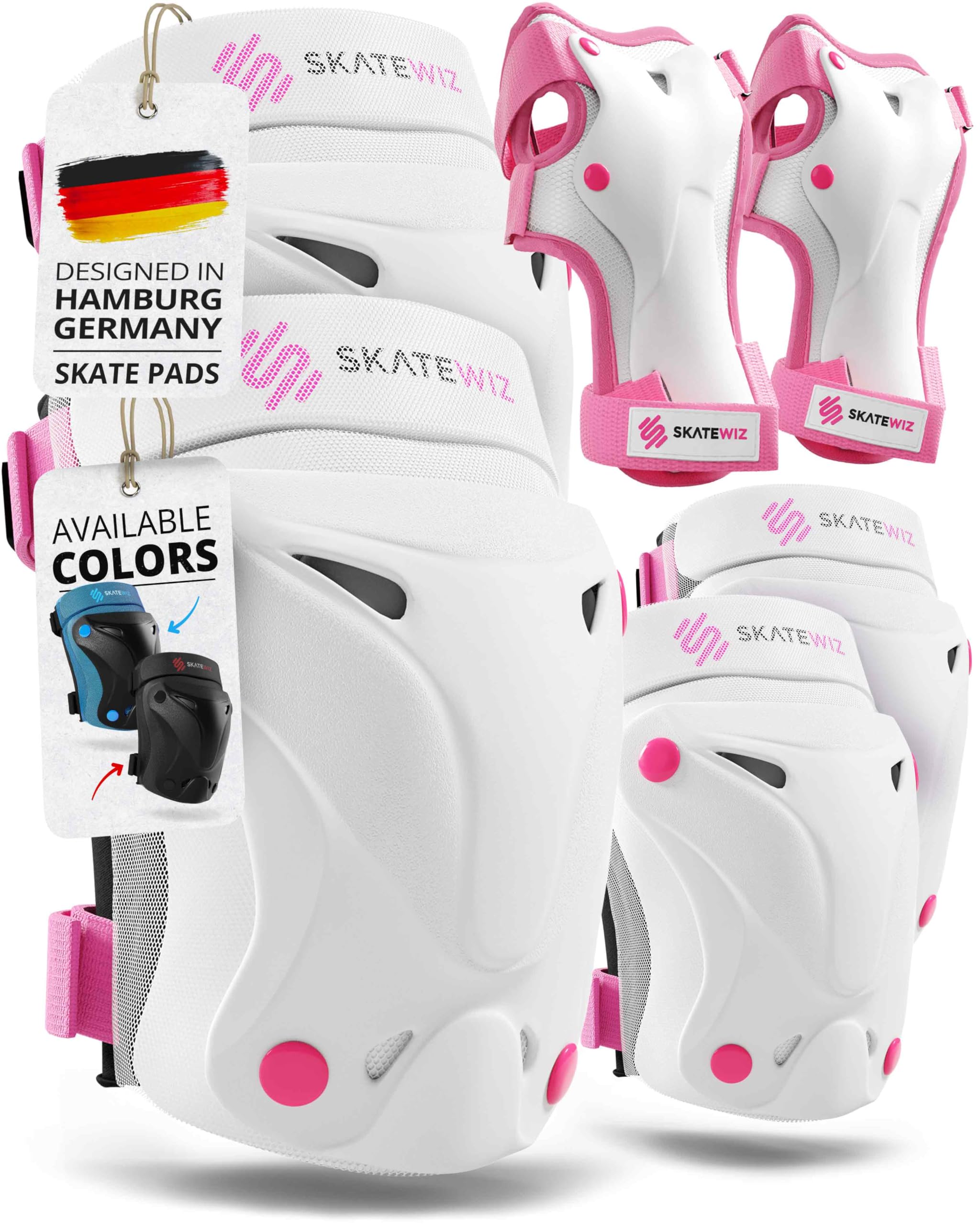 SKATEWIZ Knee and Elbow Pads Adult - Skating Protective Gear - PROTECT-1 - Size L Pink White - Wrist Guards Skating Pads, Skateboard, Roller Skate, Ice Skates For Women