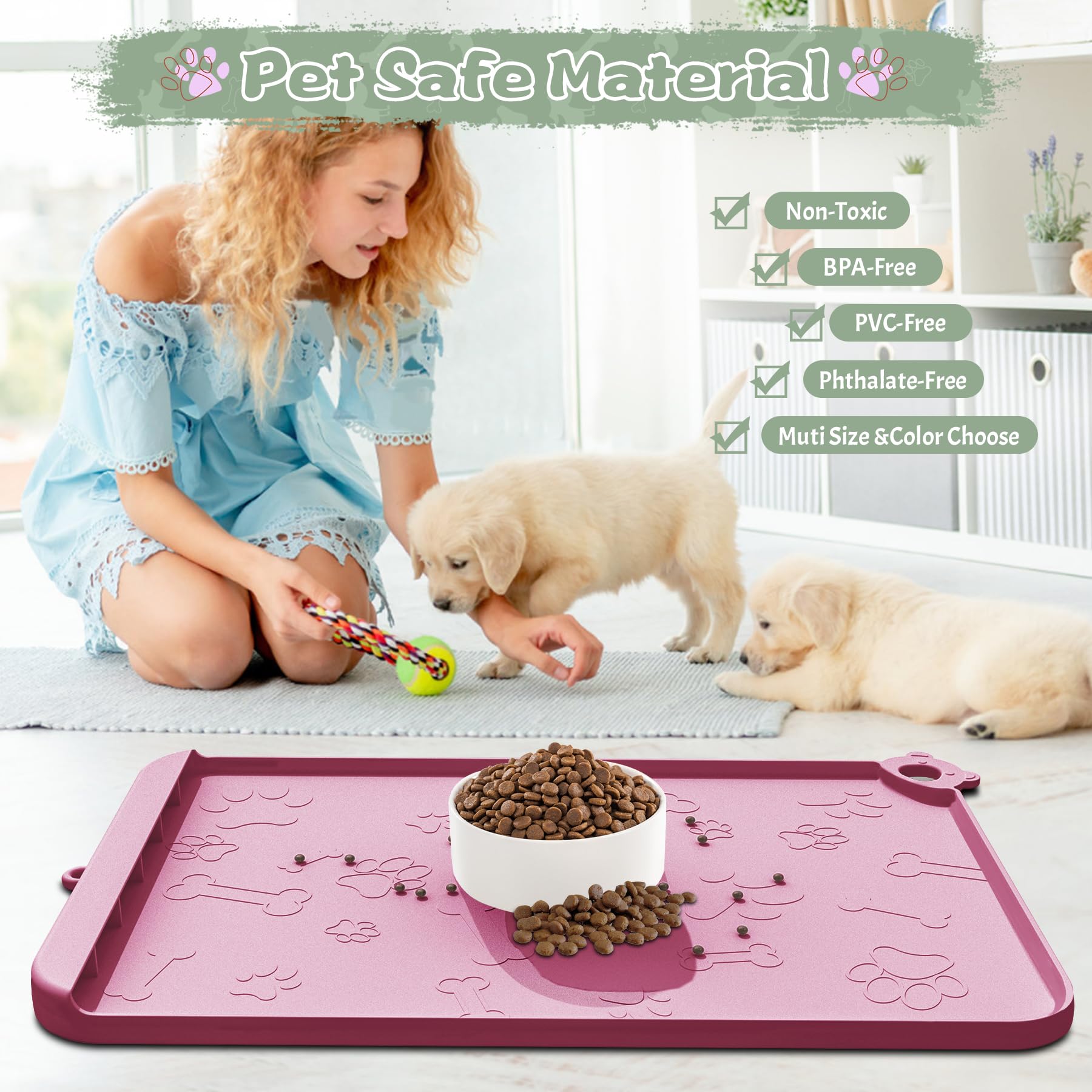 Tappetino per cibo per cani, tappetino in silicone per cibo e acqua, tappetini per l'alimentazione degli animali domestici con tasca per la raccolta dei residui, tappetino impermeabile per ciotole per