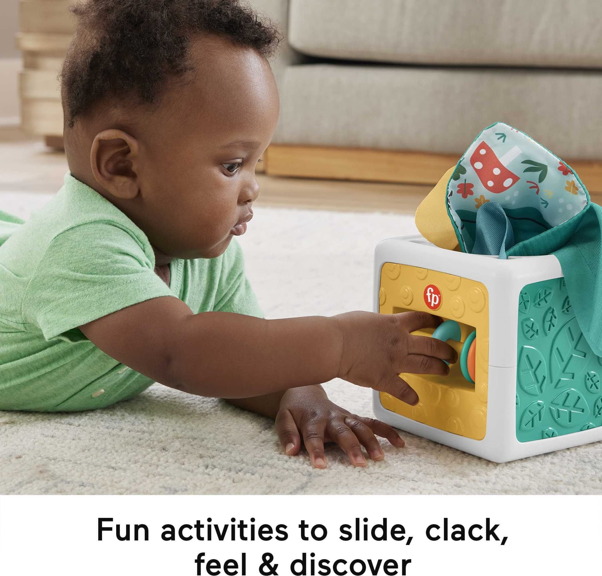 Fisher-Price Kostka sensoryczna Pudełko chusteczek zabawka dla niemowląt, zabawa na brzuszku, szeleszczące zabawki, HML64