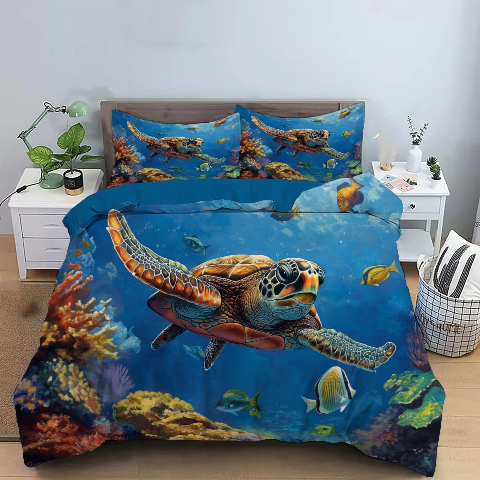 Housse de couette tortue bleue pour créer une chambre ambiance océan