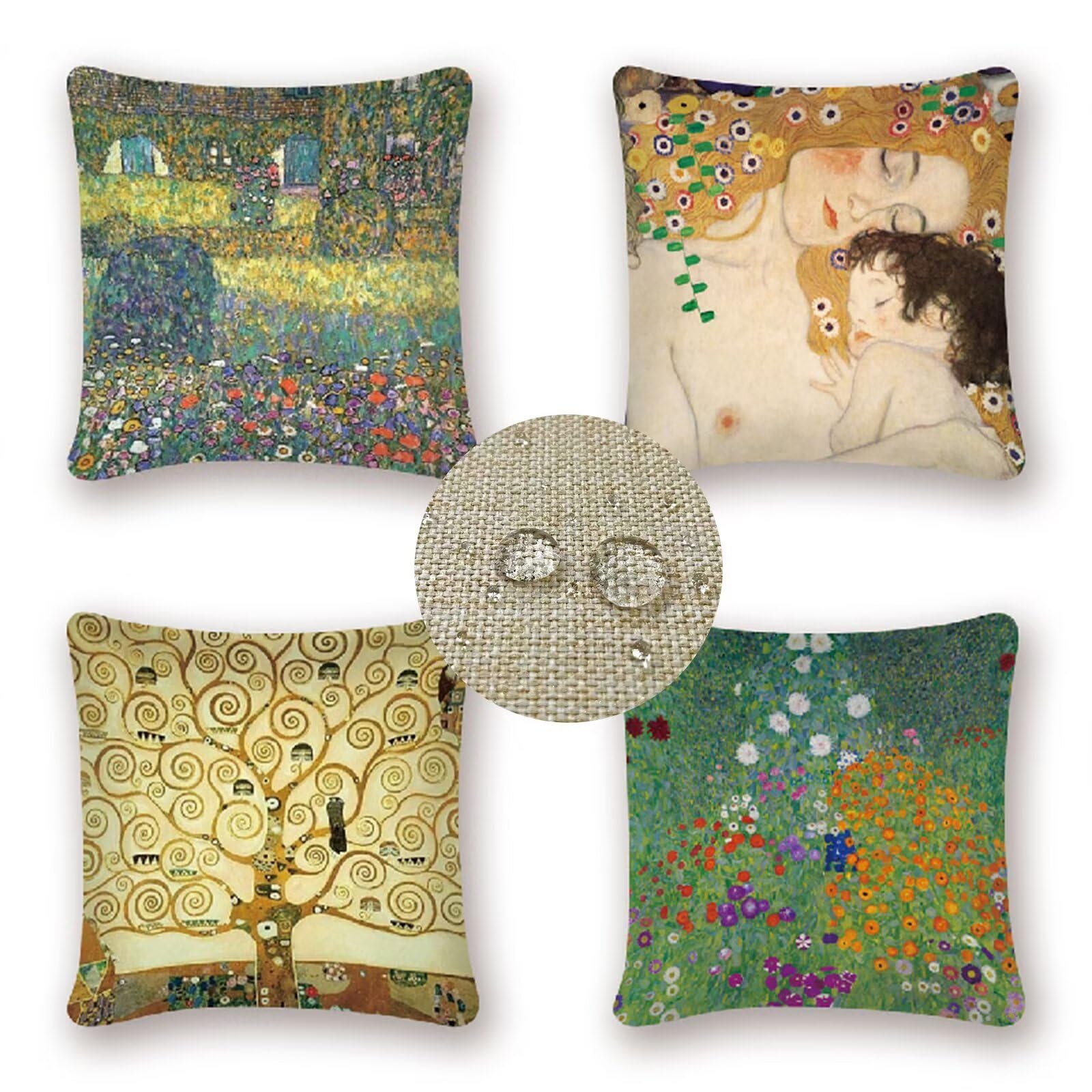 4 Pack nordico Federe Cuscini Divano Gustav Klimt Lino Cuscini per Divano con Cerniera Impermeabile Cuscini da Esterno Copricuscini per Decorativi Soggiorno Camera da Casa Cuscini 40x40cm W-2548