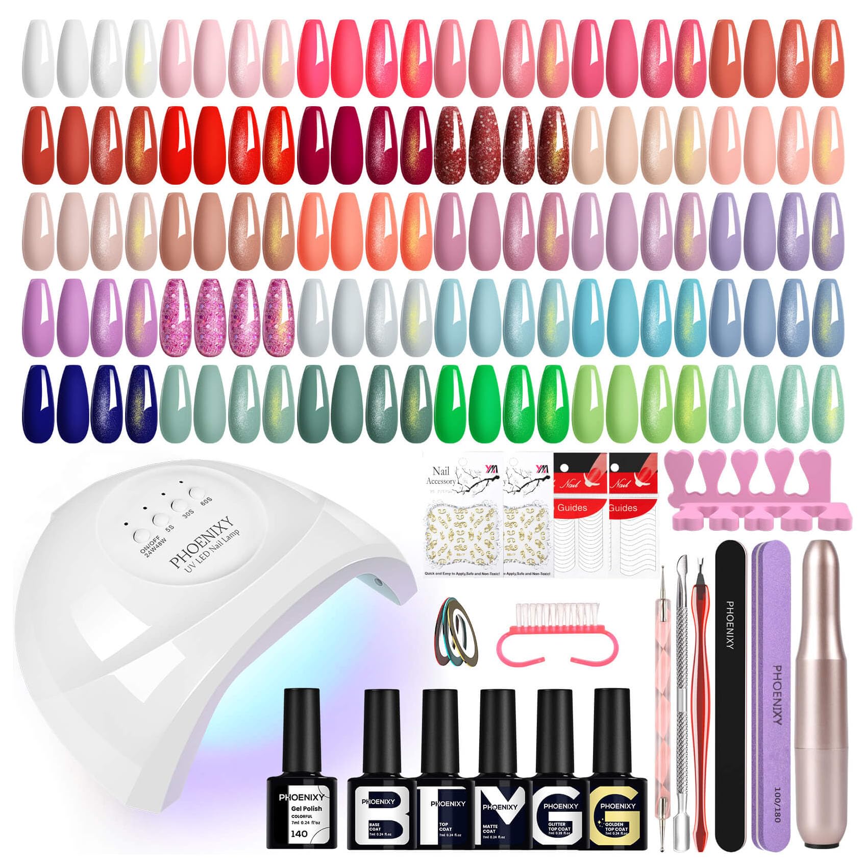 Phoenixy 51Pcs Gel Nail Polish Set, 30+5 Colours Nail Polishes with Electric Drill and 48W Manicure Lamp