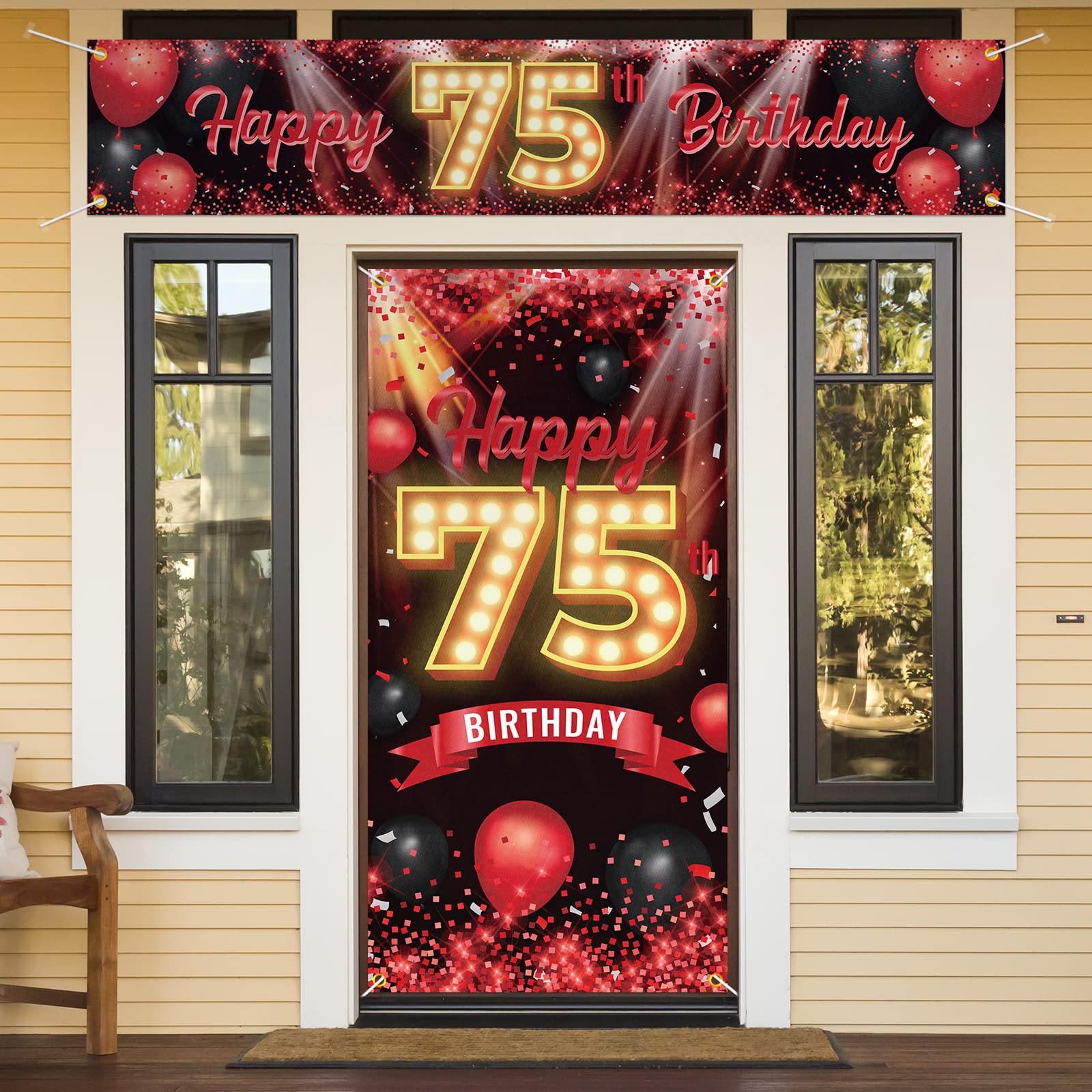 Happy 75th Birthday Door Cover Porch Banner Sign Set - 75 Years Old Birthday Decoraions Party Supplies for Women Men - Red