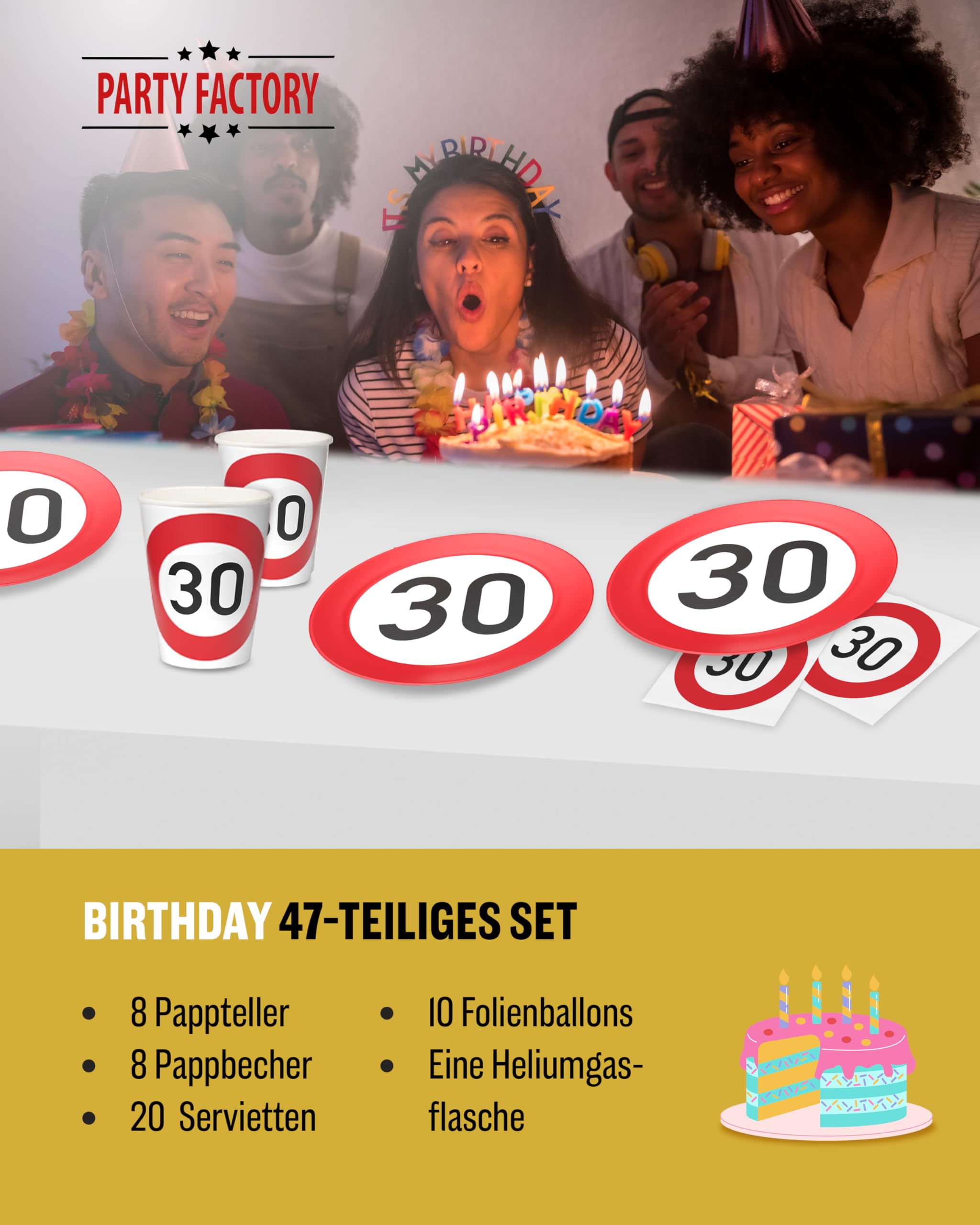 Party Factory 5-teiliges Party Set Happy Birthday 30 mit 8 Papptellern, 8 Pappbechern, 20 Servietten, 10 Folienballons und 1 Heliumflasche für bis zu 30 Ballons