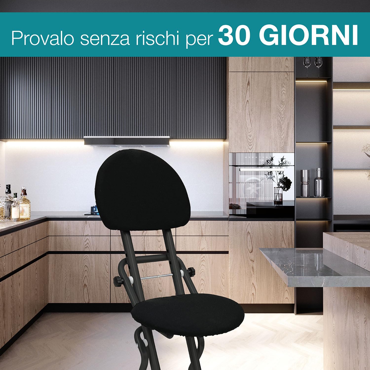 ELONEO Sedia Pieghevole Imbottita - Antiscivolo e Salvaspazio, Sgabello per Stirare, Cucinare o Giardinaggio, 3 Altezze Regolabili (58-65cm), Portata 120kg, Dimensioni 45x98x47cm (Nero)