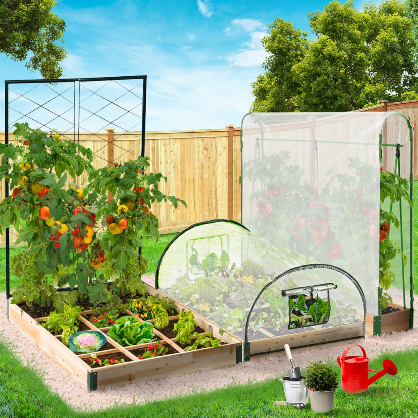 IDMarket - Kit Complet 3 bacs modulables carrés Potager et Serre à tomates + Treillis + Housse