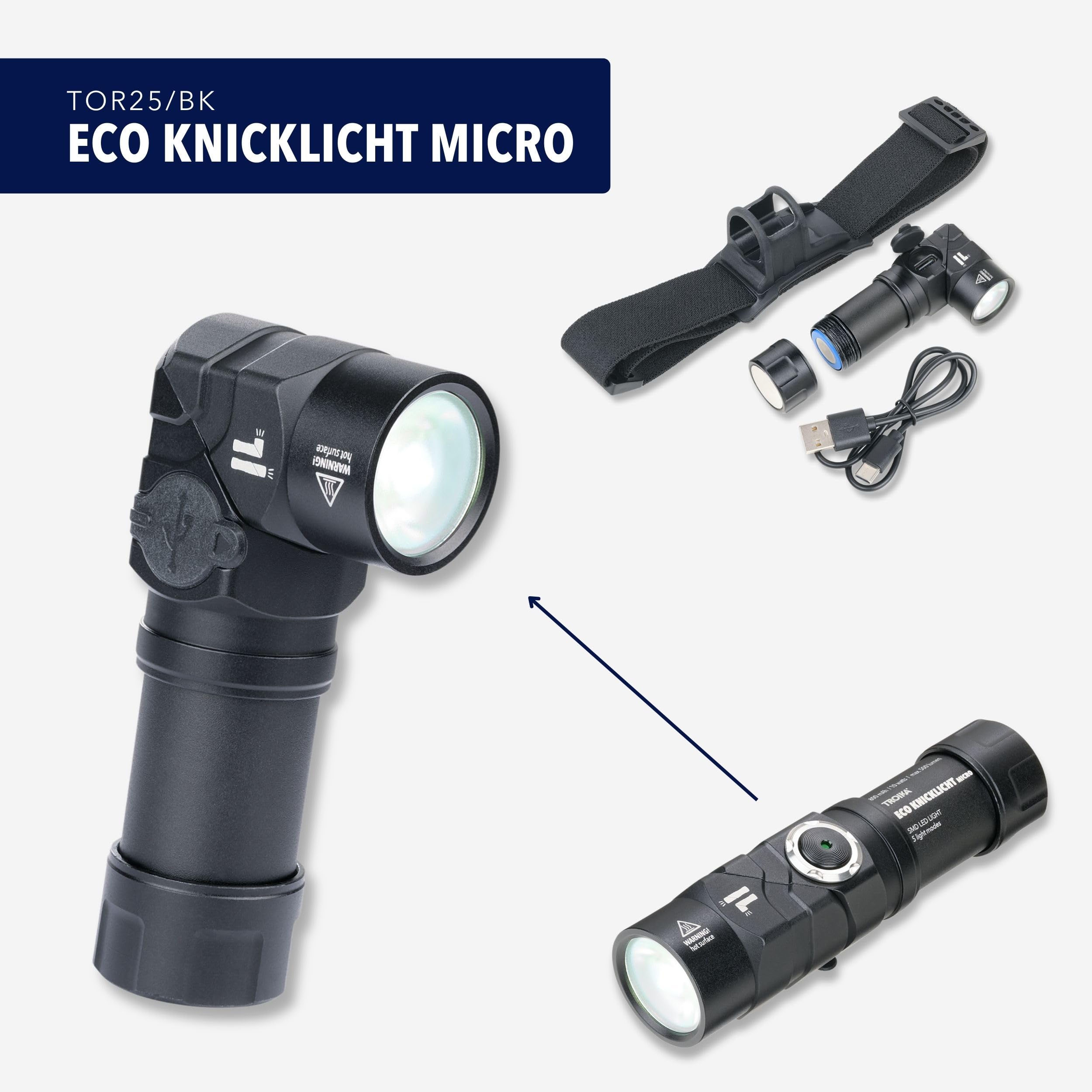 TROIKA Taschenlampe/Knicklampe, multifunktional: Arbeits-/Sicherheits- und Stirnlicht – ECO KNICKLICHT MICRO – 5 Leuchtfunktionen – Magnetboden, wiederaufladbar – Aluminium – schwarz
