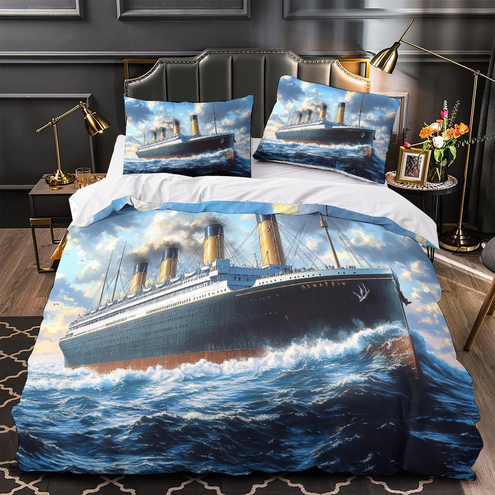 Ocean liner voyage 3D Printed Quilt Cover 3pc Premium Microfibre Stain-Resistant Easy Vintage maritime painting Duvet Cover 2 Pillowcases Zip Closure Bed Ensemble Couple Bedroom Single（140x200cm）