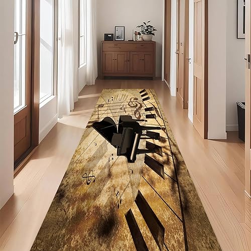 Miniatura 4 de Alfombra de pasillo retro marrón, alfombra de pasillo vintage de 2 x 6 pies, alfombra de piso de notas musicales vintage, patrón de partituras de