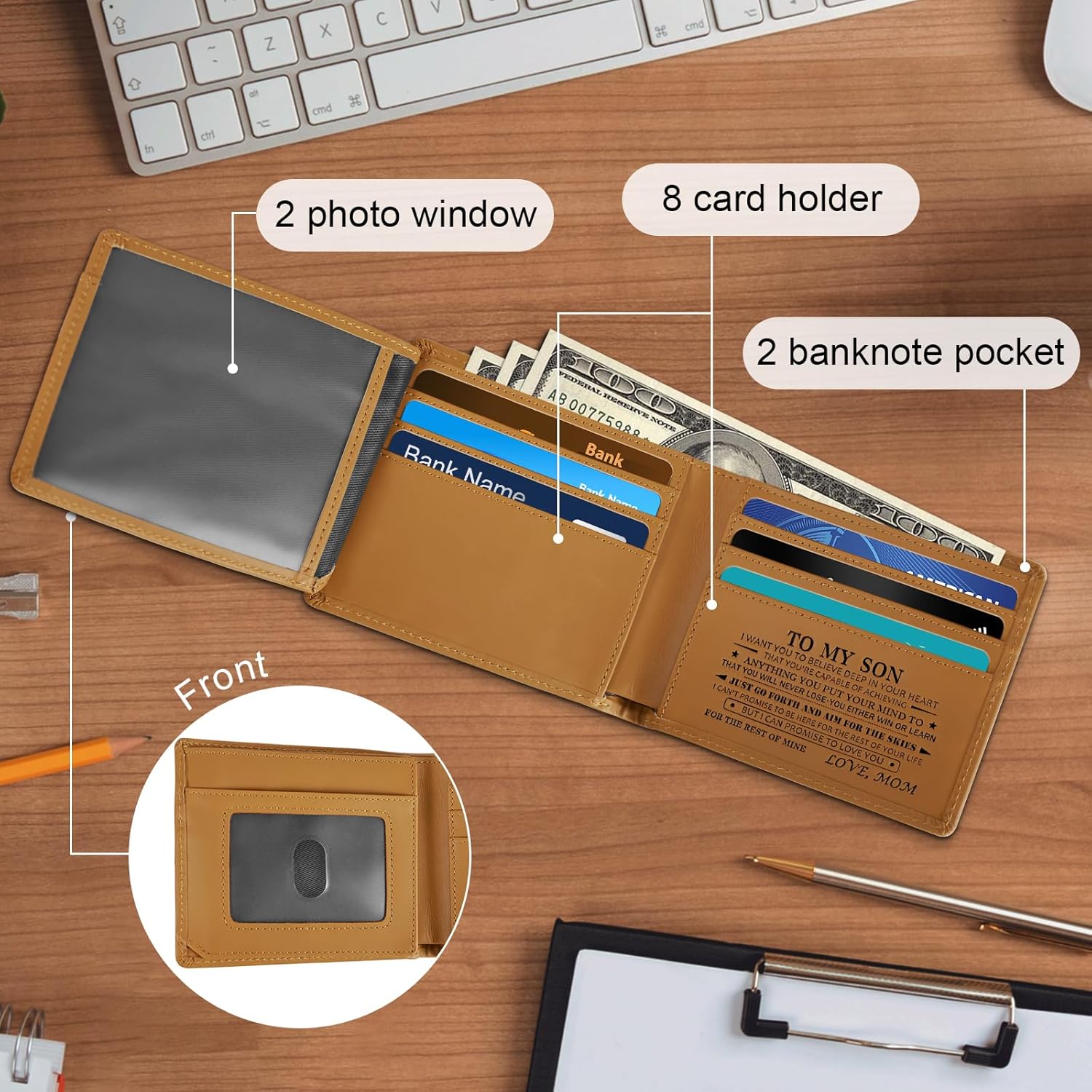 To My Son Gifts, Personalized Leather Wallet For Son From Mom, Blocking Bifold Stylish Wallet For Men - Christmas Birthday Gift From Mom And Dad (Spanish version) - Image 2