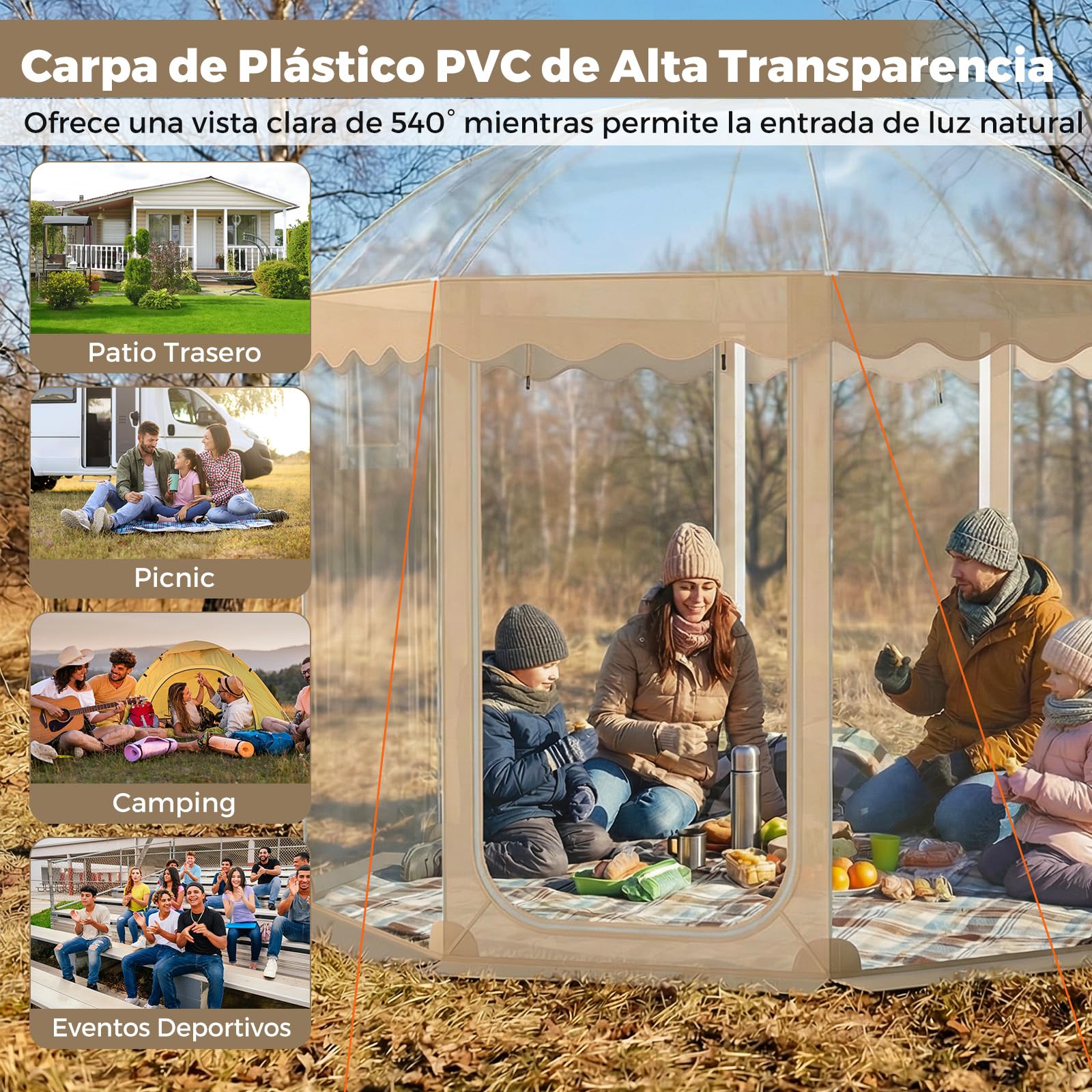 COSTWAY Tienda de Campaña Deportiva para 8-10 Personas, 305 x 305 x 210 cm, Carpa Burbuja Transparente, Panorámico de 540°, Animar, Pescar y Acampar