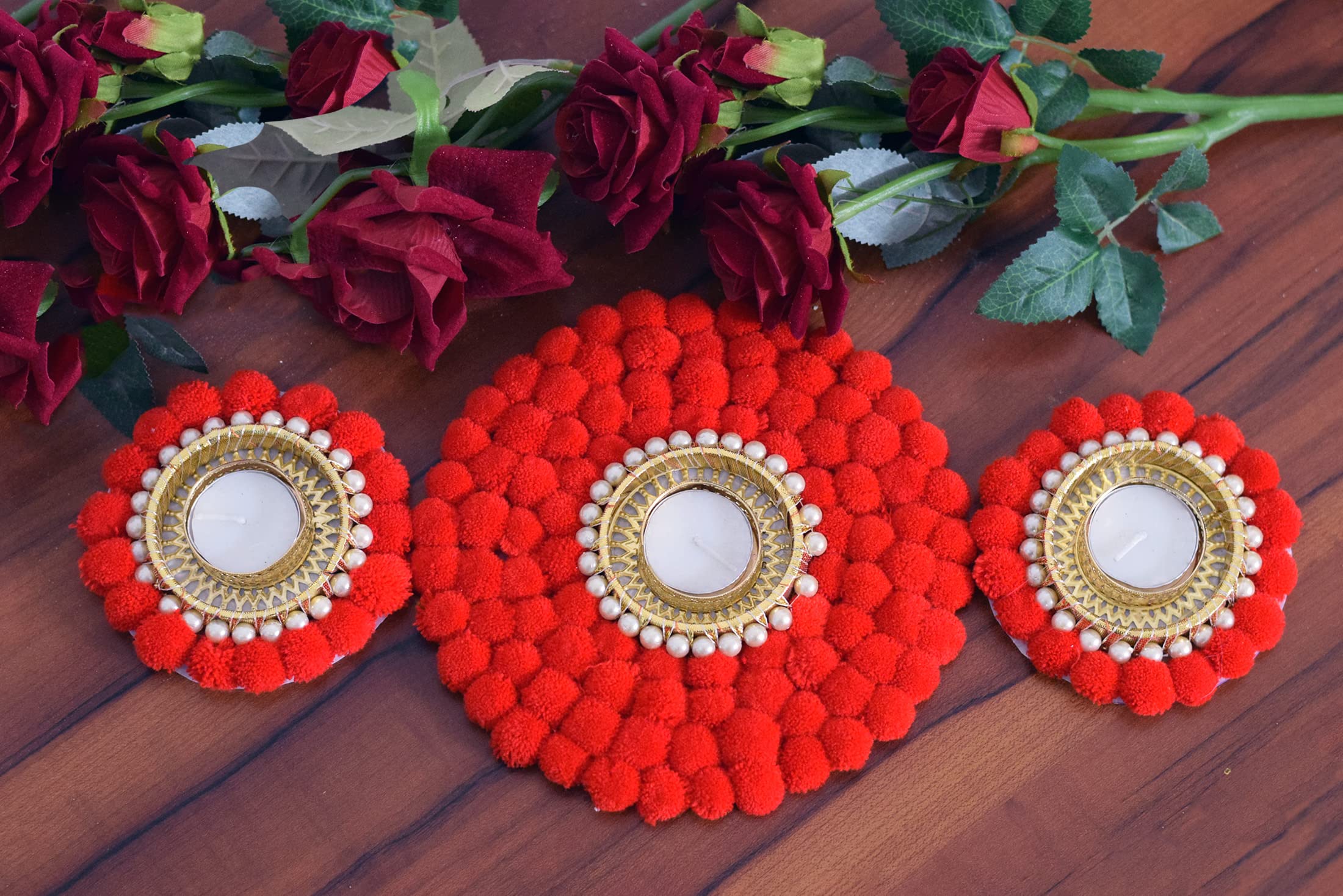 AVIKALPINDIA Artificial Flower Rangoli for Diwali Decoration with Tea Light diyas (Red & Yellow) (Red-3)