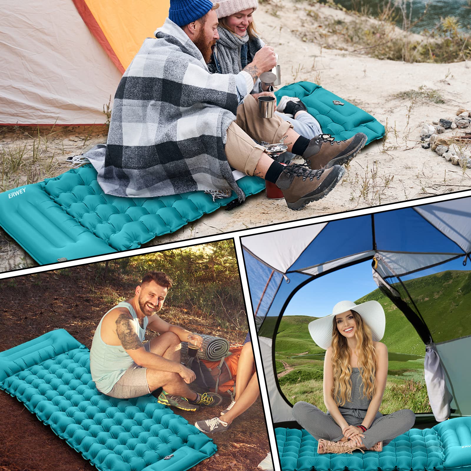 ERWEY Camping Isomatte 200x70 cm Aufblasbare Luftmatratze mit Fußpumpe & Kissen Wasserdicht Isomatte Camping Luftmatratze Aufblasbare Matratze Outdoor für Wandern Strand Zelt, Cyan