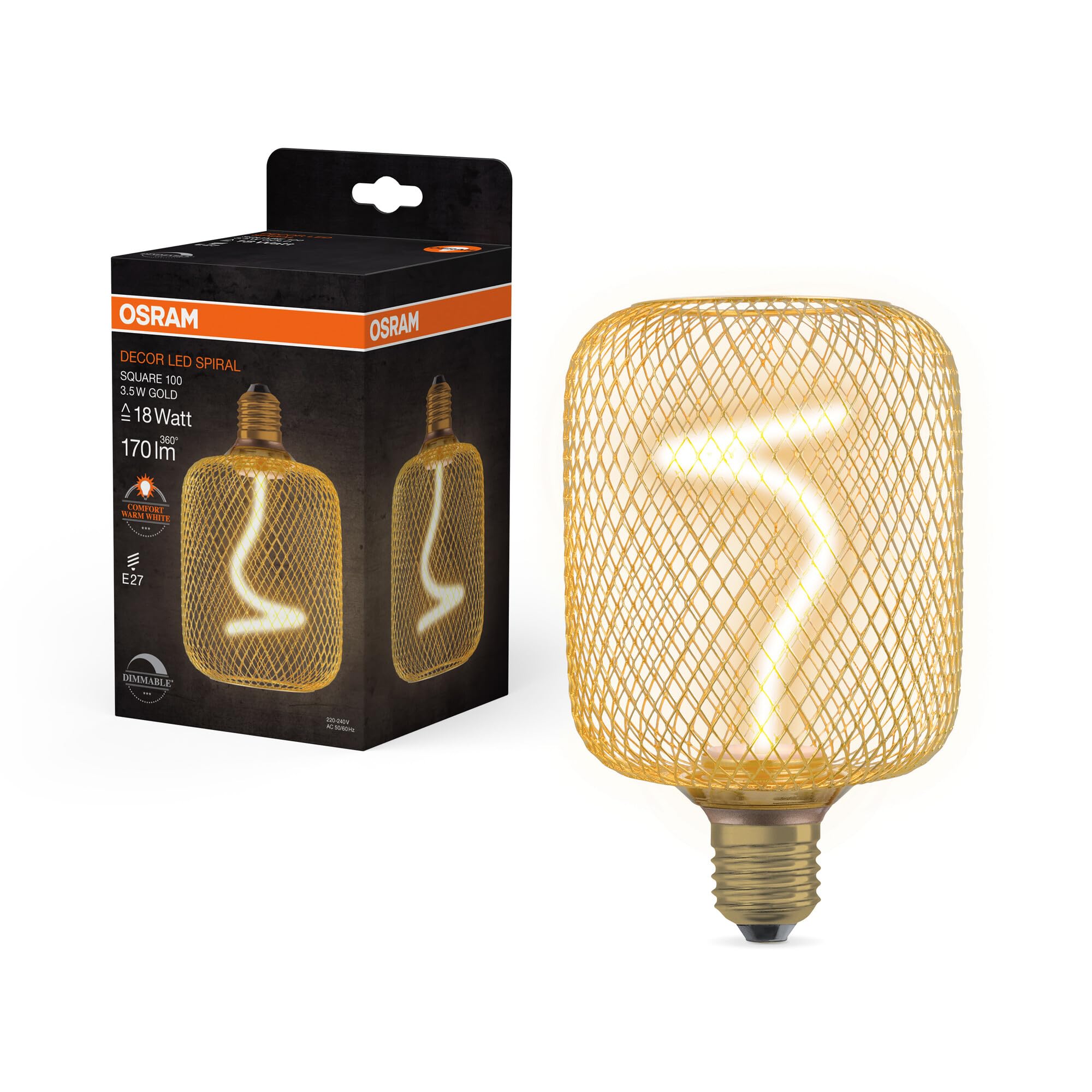 OSRAM Lampada LED quadrata DECOR con filamento a spirale, vetro trasparente senza piombo color oro, 3,​5 W, bianco caldo accogliente 818, 170lm/​1800K, filettatura E27, dimmerabile, diametro 100 mm.