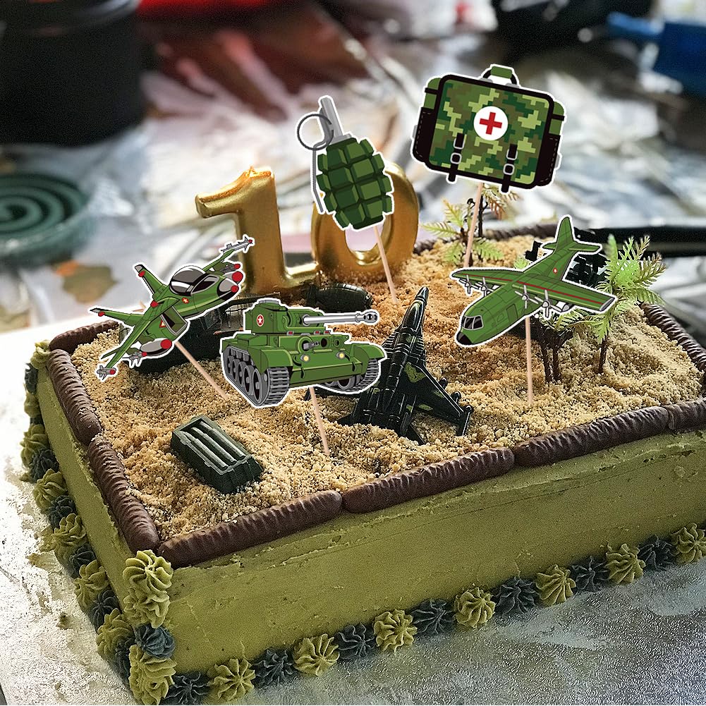 Topper per cupcake verde mimetico, 48 pezzi, decorazione per torta di compleanno a tema militare, soldato militare
