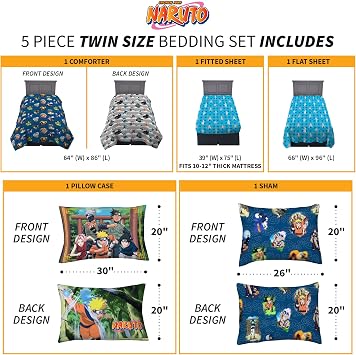 Naruto Anime Bedding Super Soft Comforter And Sheet Set With Sham, 5 Piece Twin Size, By Franco