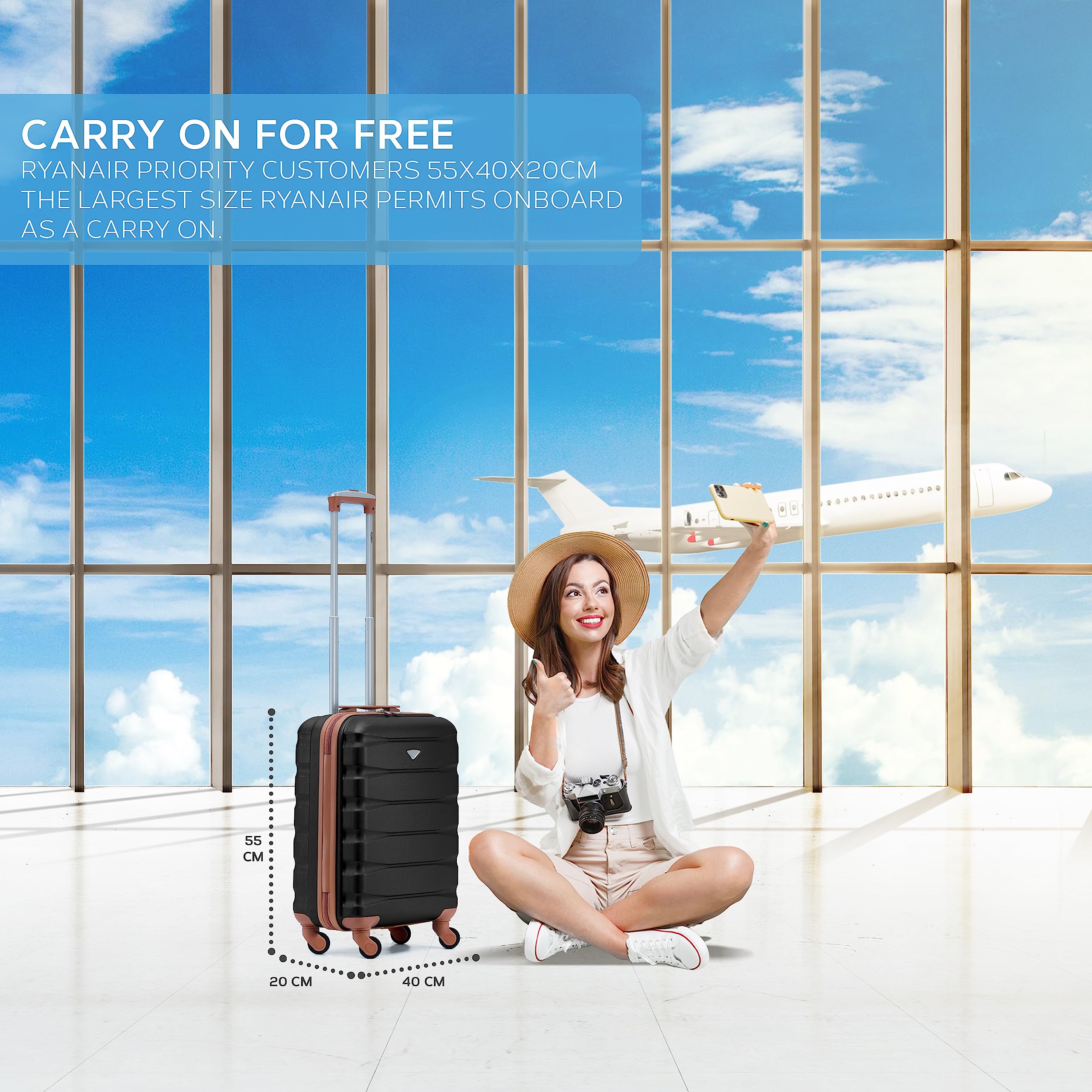 Flight Knight 55x40x20 Ryanair Priority Cabin Suitcase, Also for EasyJet, Jet2, Lightweight,ABS Hard Shell, Durable 4-Wheel Cabin Case, Carry-On Size 10kg Hand Luggage, Travel Bag- 55 x 40 x 20