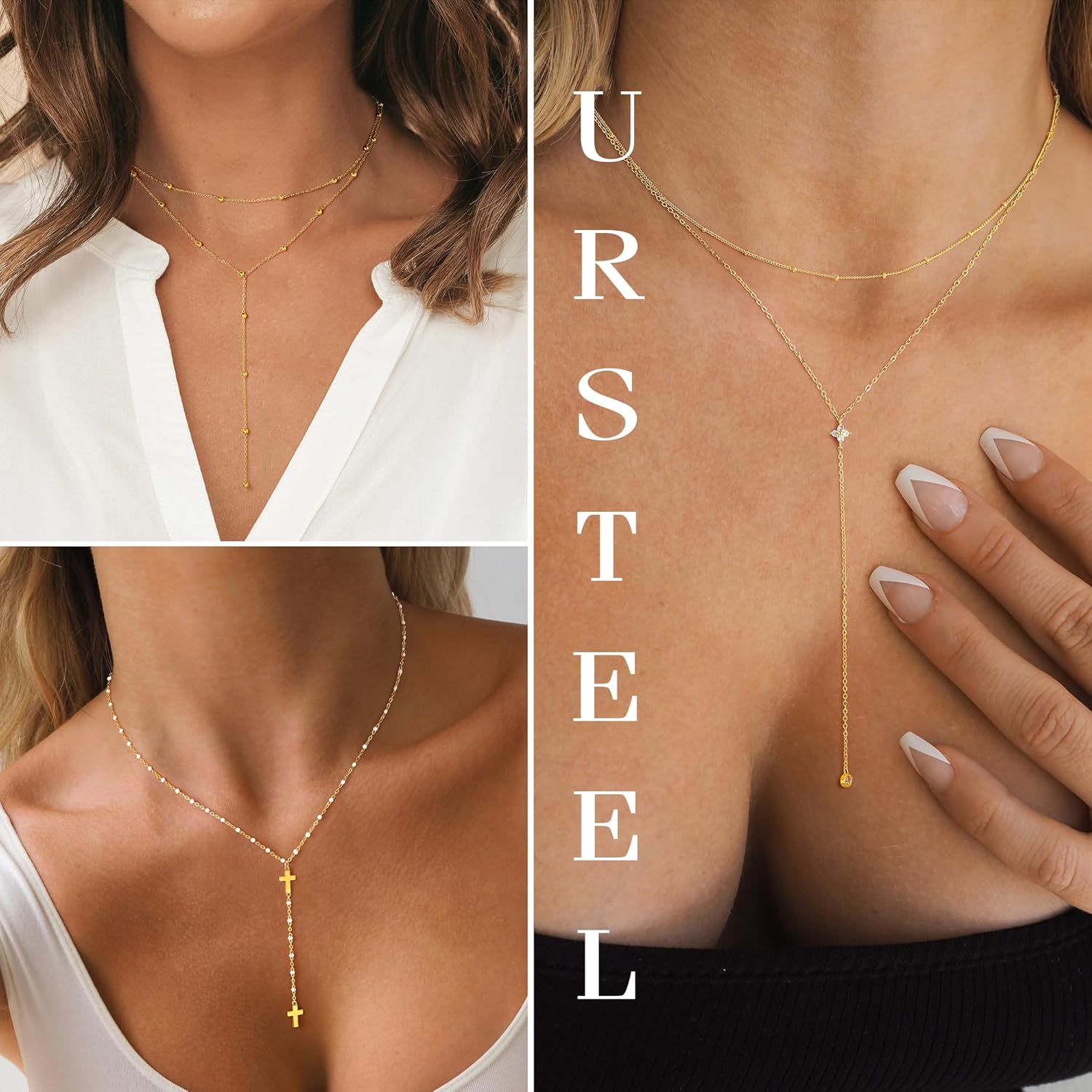 Ursteel Dainty Lariat Necklace for Women, Valentines Gifts 14K Gold Plated Y-Shaped Long Necklace Layered Drop Necklaces Pearl Cross Clover Cubic Zirconia Charm Necklaces Jewelry Gifts for Women - Image 5