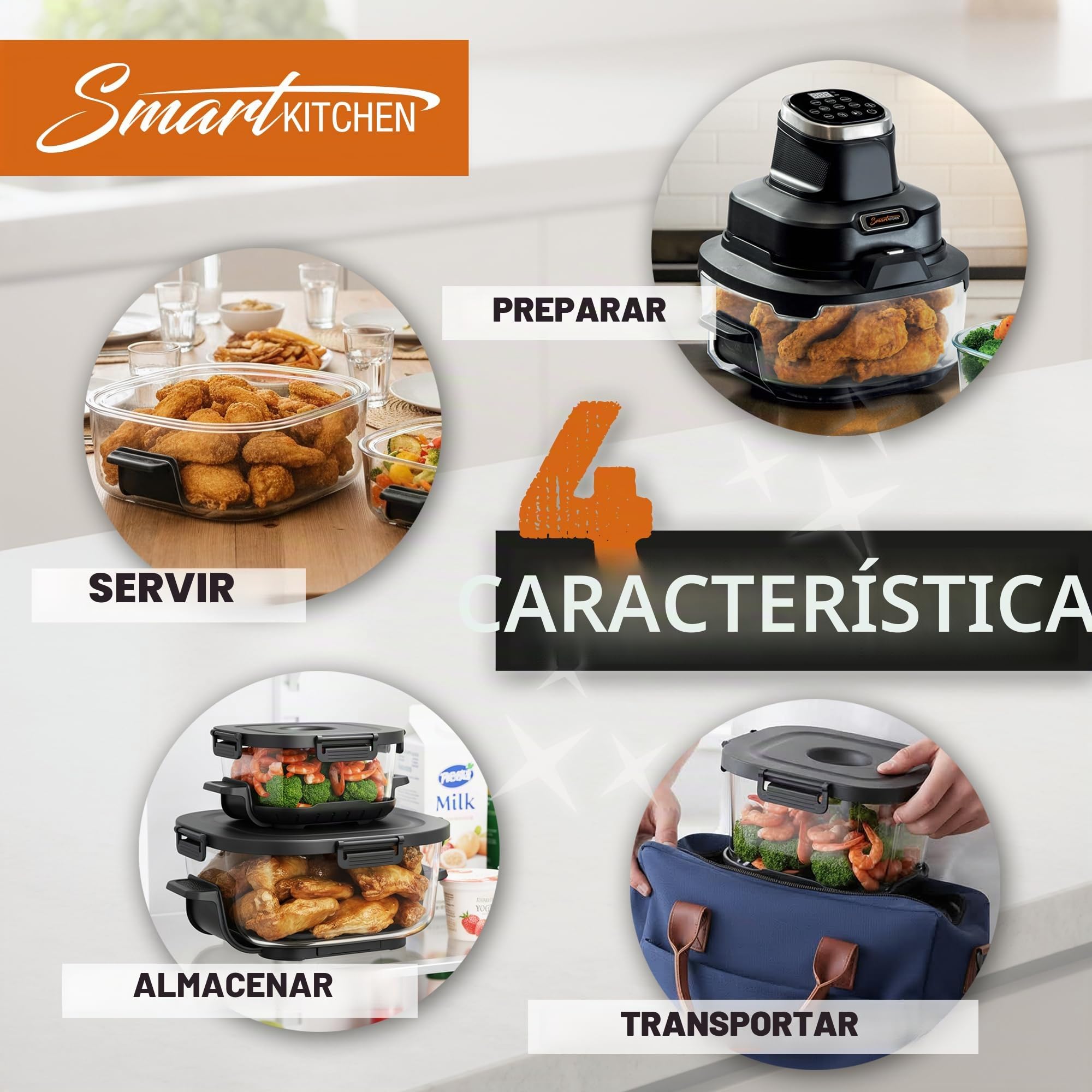 Freidora de aire inteligente de vidrio para cocina 4 en 1 – Air Fryer para hornear, recrisp y Max Crisp – 4 L + 1,5 L Torre Turbo Pro con recipiente de vidrio – Compacta y portátil – Negro