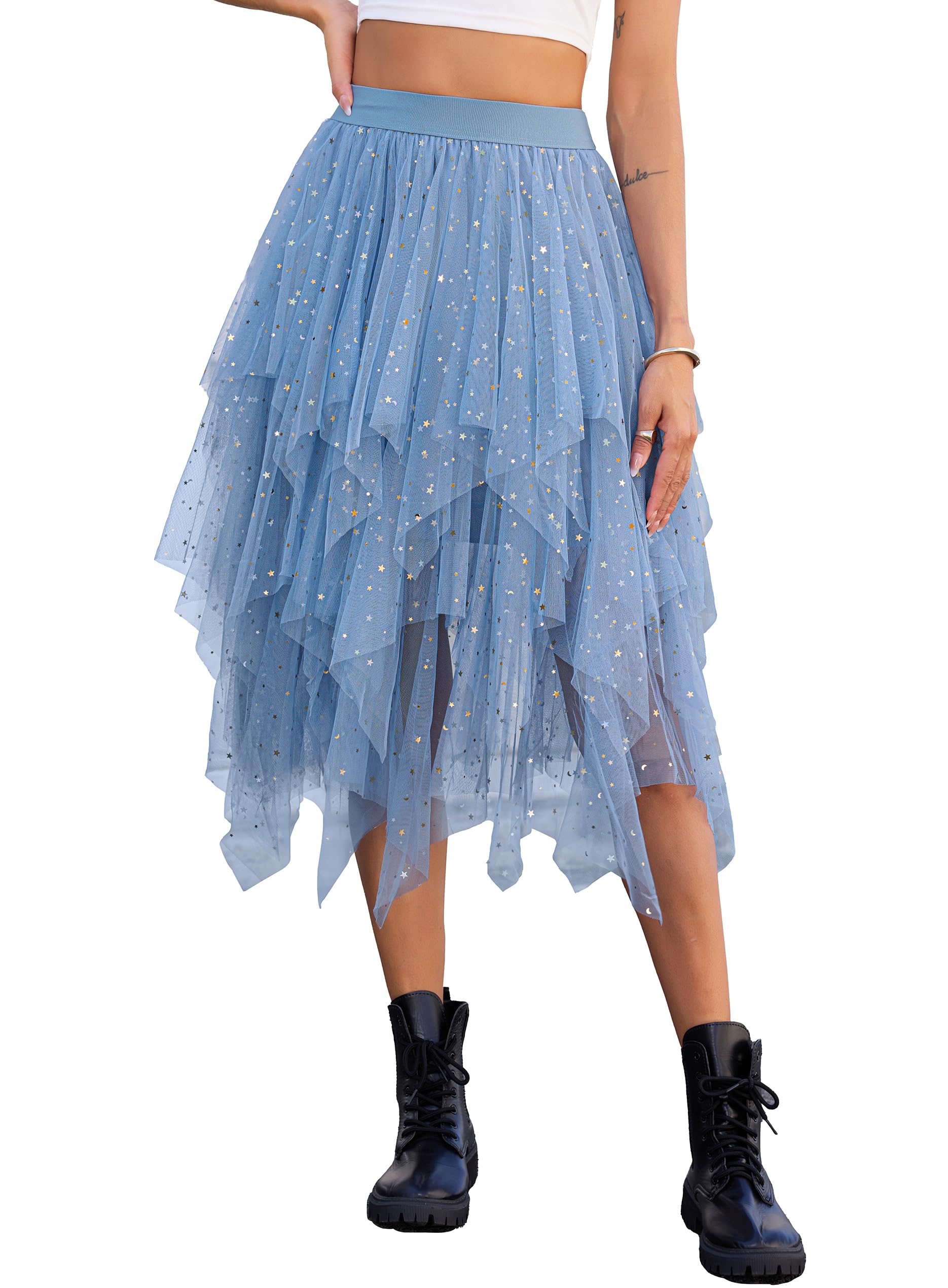 Lovasy Pailletten Rock Damen Tüllrock Schwarz Knielang High Low Layered Faltenrock Midi Rock A-Linie Unregelmäßiger Puffy Fee Tutu Röcke