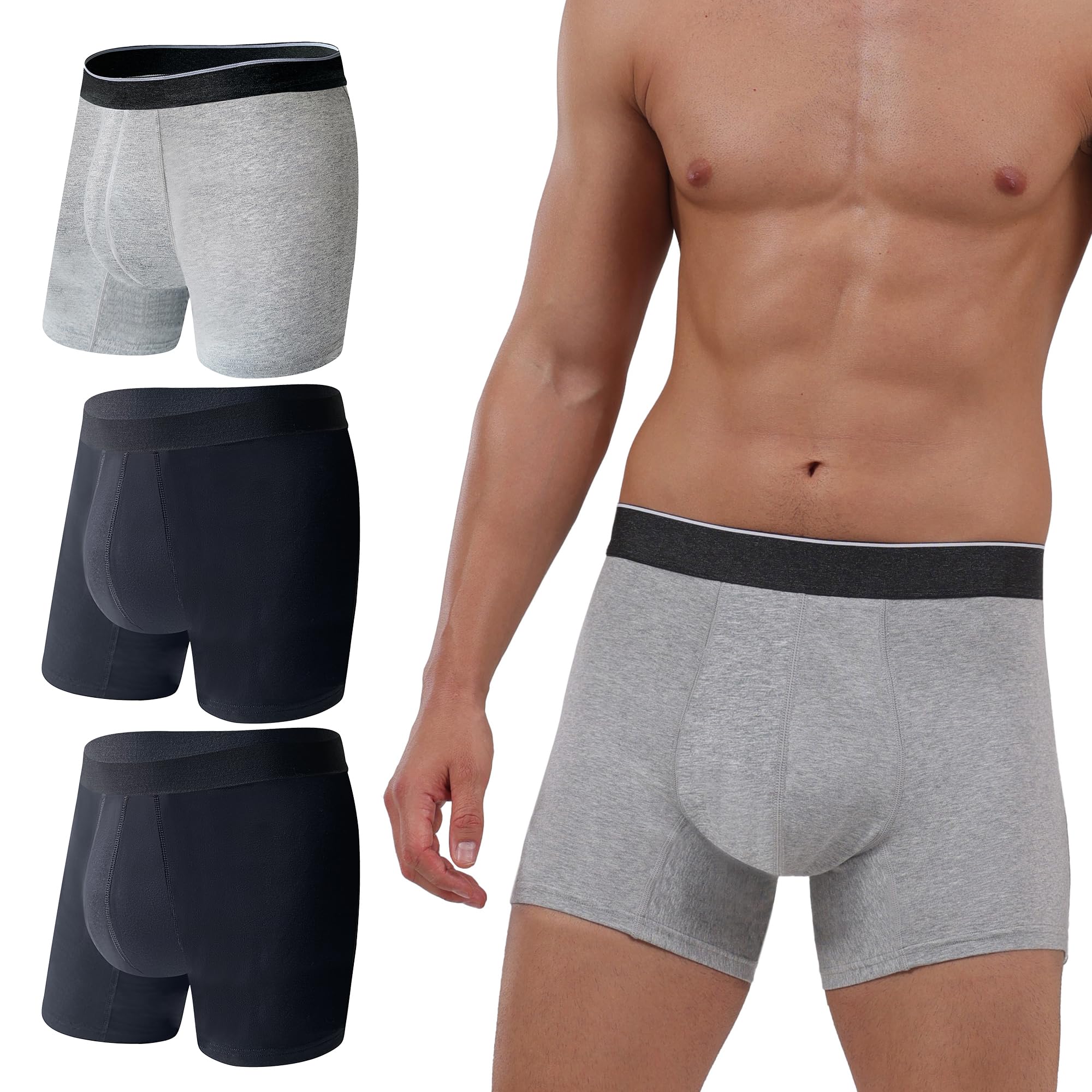 Ropa interior lavable para incontinencia urinaria para hombres, entrepierna de 6.5 pulgadas, sin fugas, calzoncillos tipo bóxer para fugas de vejiga, paquete de 3 (L, negro y gris)