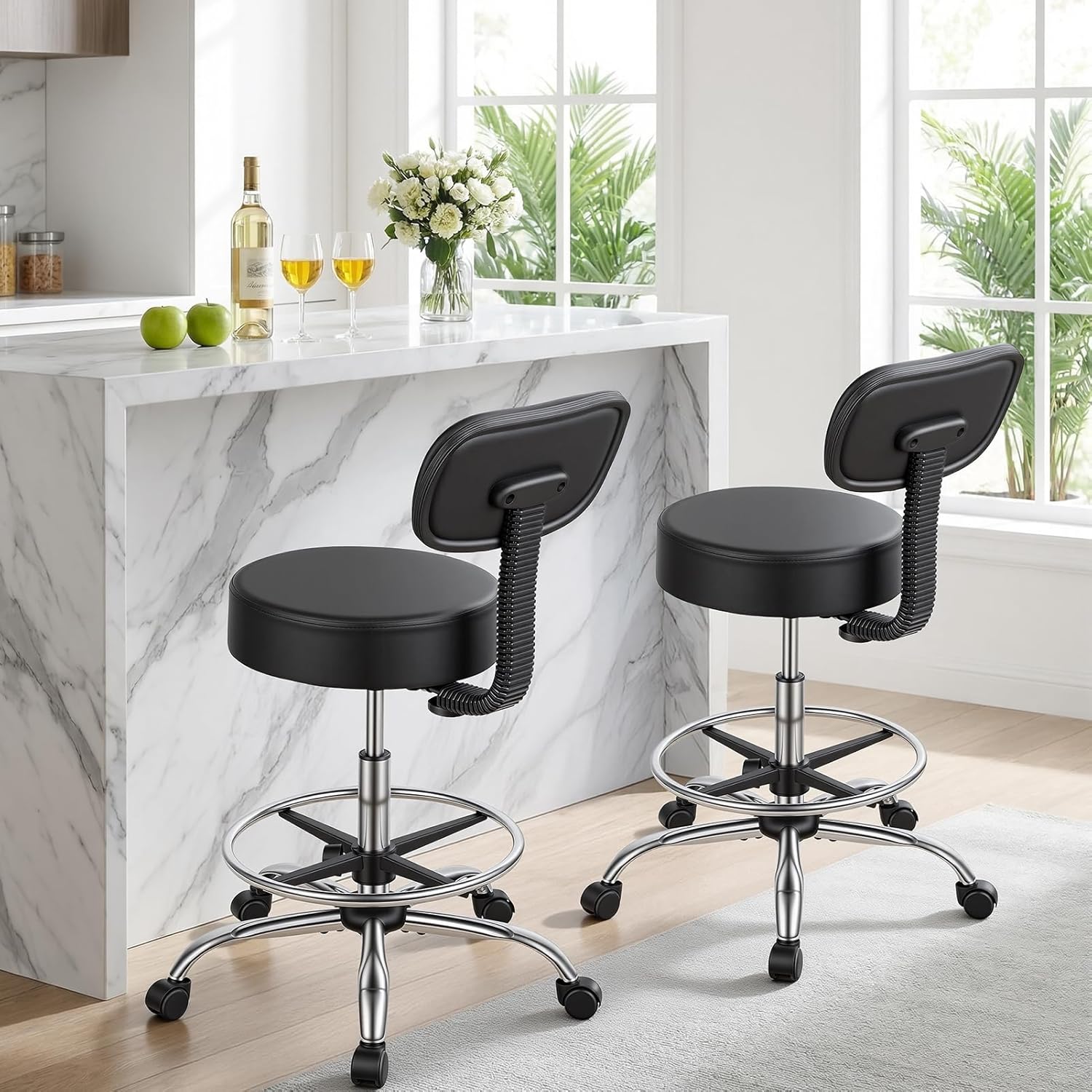 Drafting Chair with Backrest–Adjustable Foot Rest Rolling Stool with 360°Swivel Wheel, 250lbs Capicity, Multi-Purpose Swivel Stool for Office, Bar, Salon, Studio, Kitchen Black