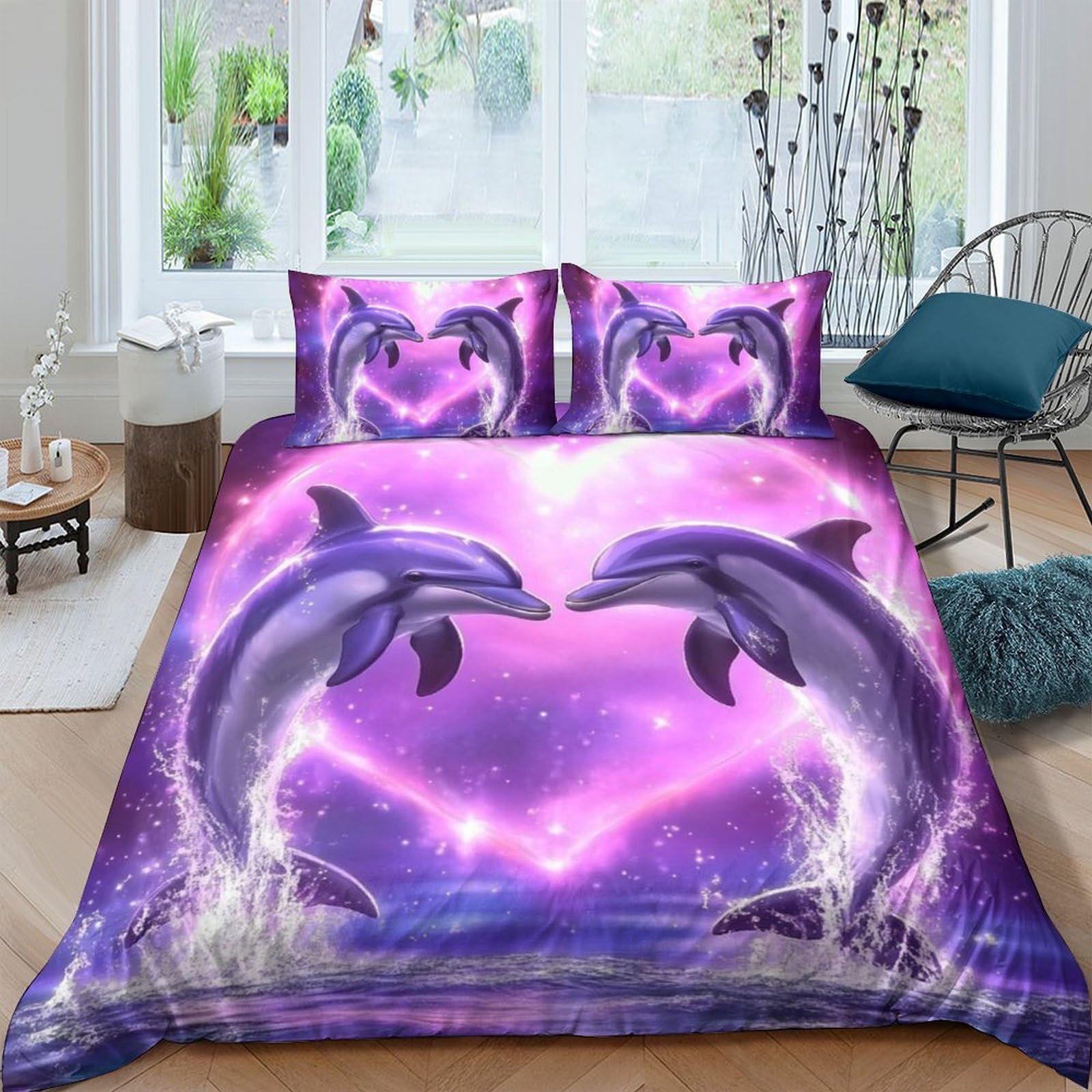 Ctjqhvkz Style-7 3D Printed Purple Dolphin Fitted Sheet Microfiber Soft Ocean Heart Bed Cover For Bedroom Dorm Mattress Protection Decor Single（135X200cm）